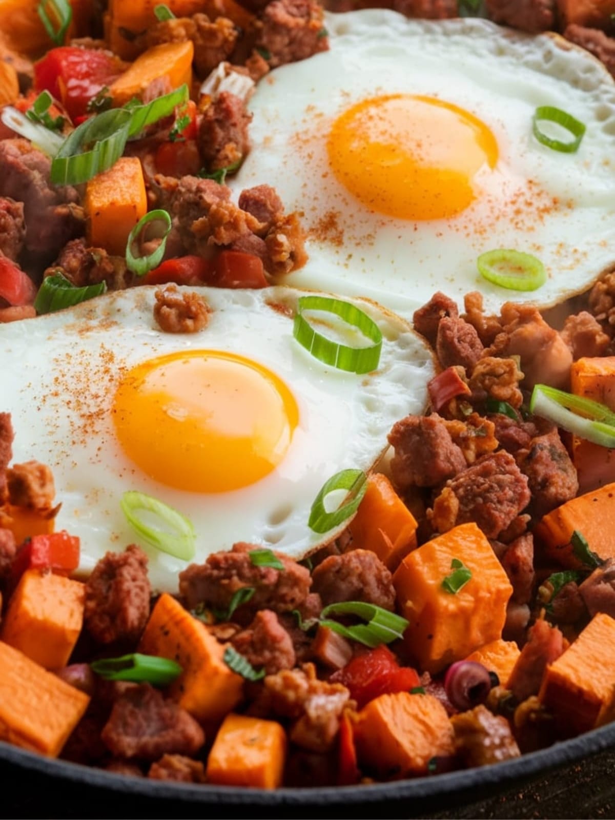 Cast iron skillet with savory sweet potato hash, sausage crumbles and runny eggs