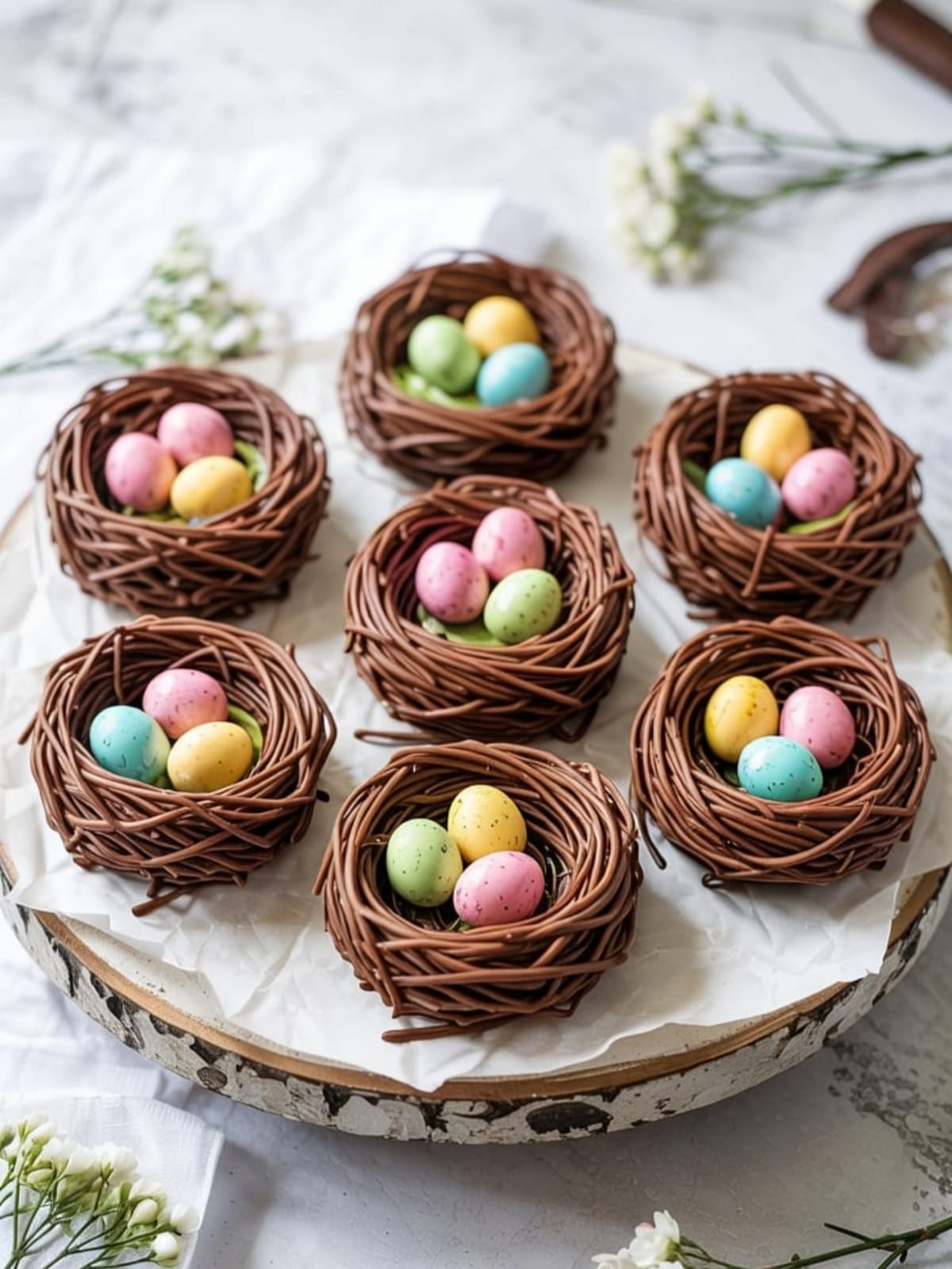 Chocolate-covered chow mein noodle nests with pastel candy eggs on white cake stand with spring decorations