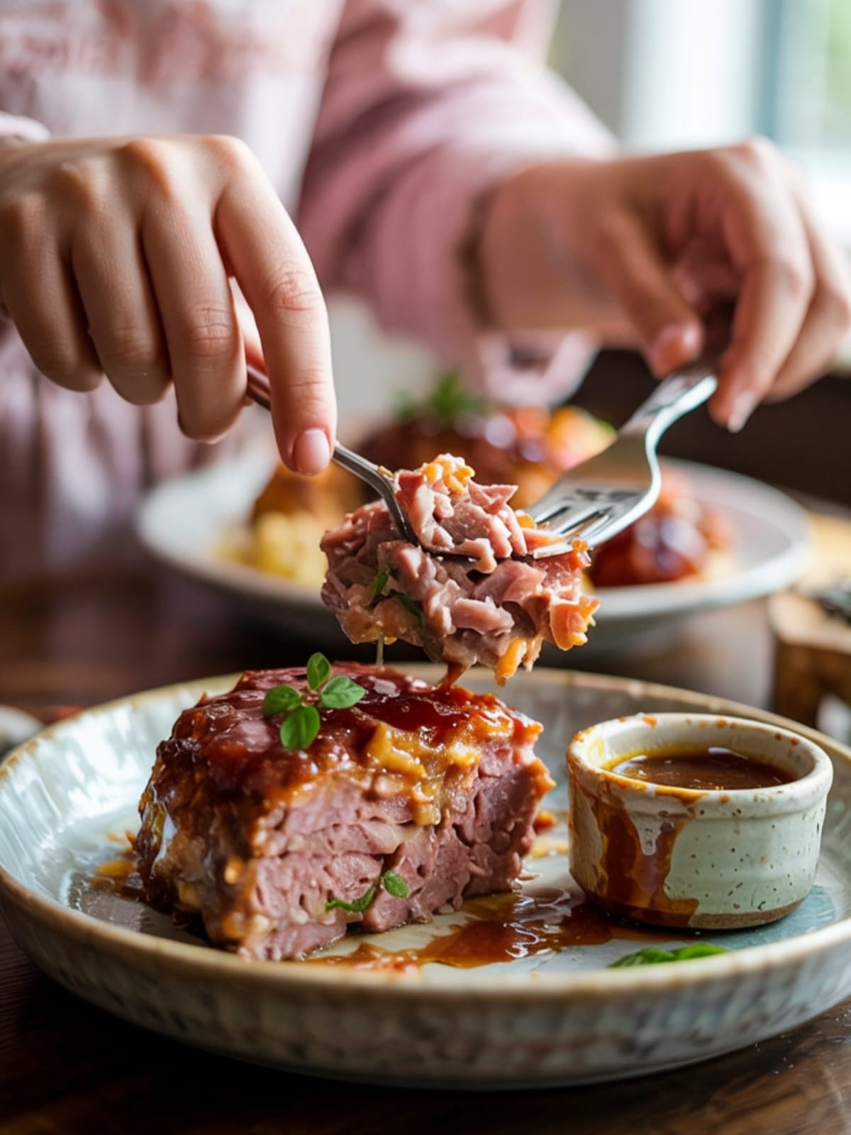 Close-up of child's fork taking bite of sweet-sour meatloaf with extra dipping sauce nearby