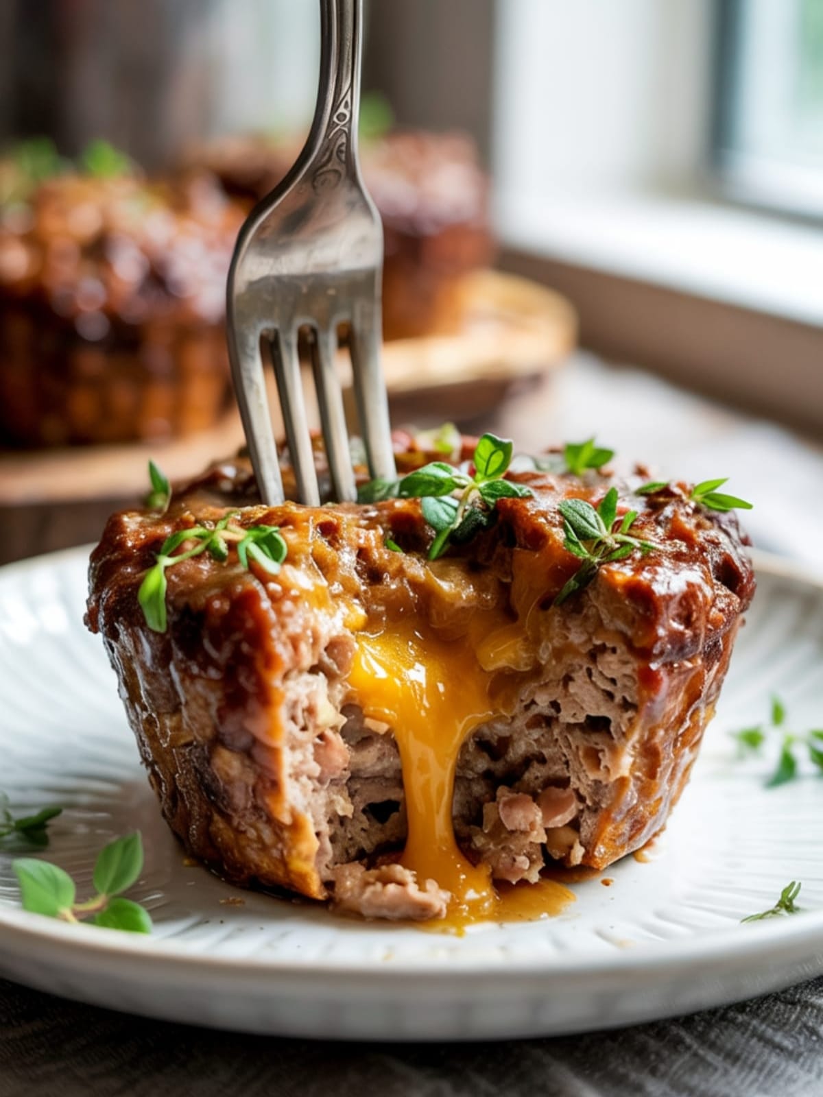 Close-up of fork cutting into cheese-stuffed meatloaf muffin showing stretchy cheese and moist interior