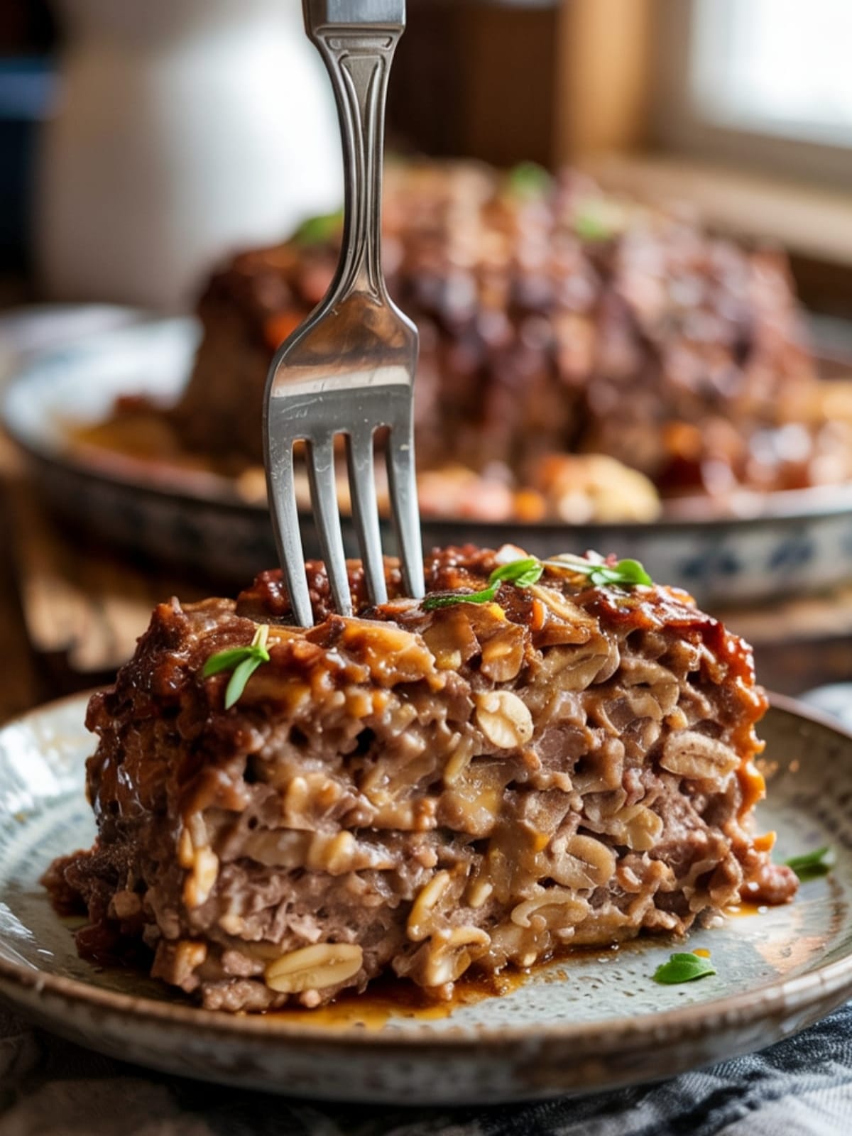 Close-up of fork cutting through moist gluten-free oatmeal meatloaf showing perfect texture and clinging glaze
