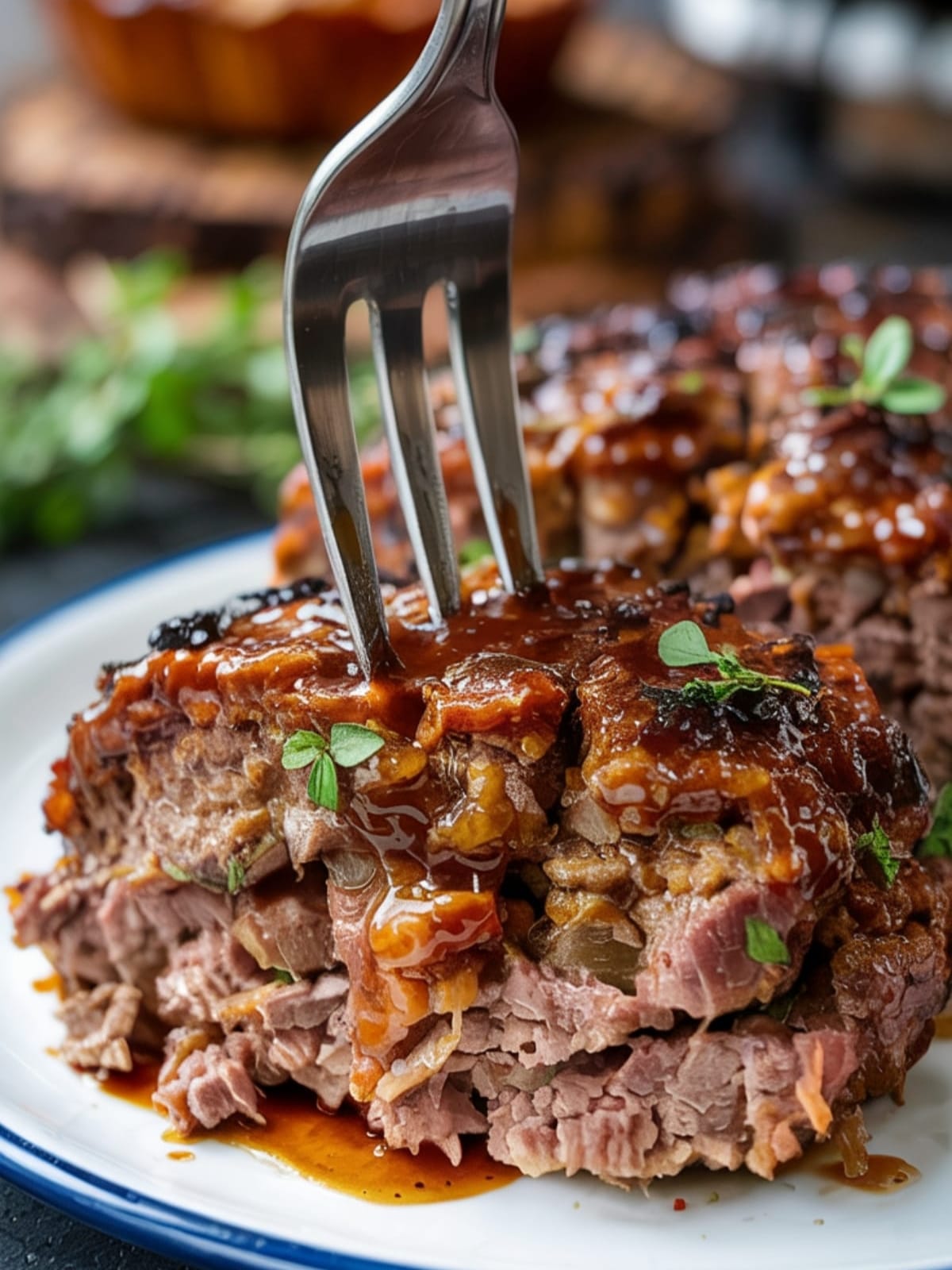 Close-up of fork cutting through moist honey BBQ meatloaf showing caramelized glaze and juicy interior