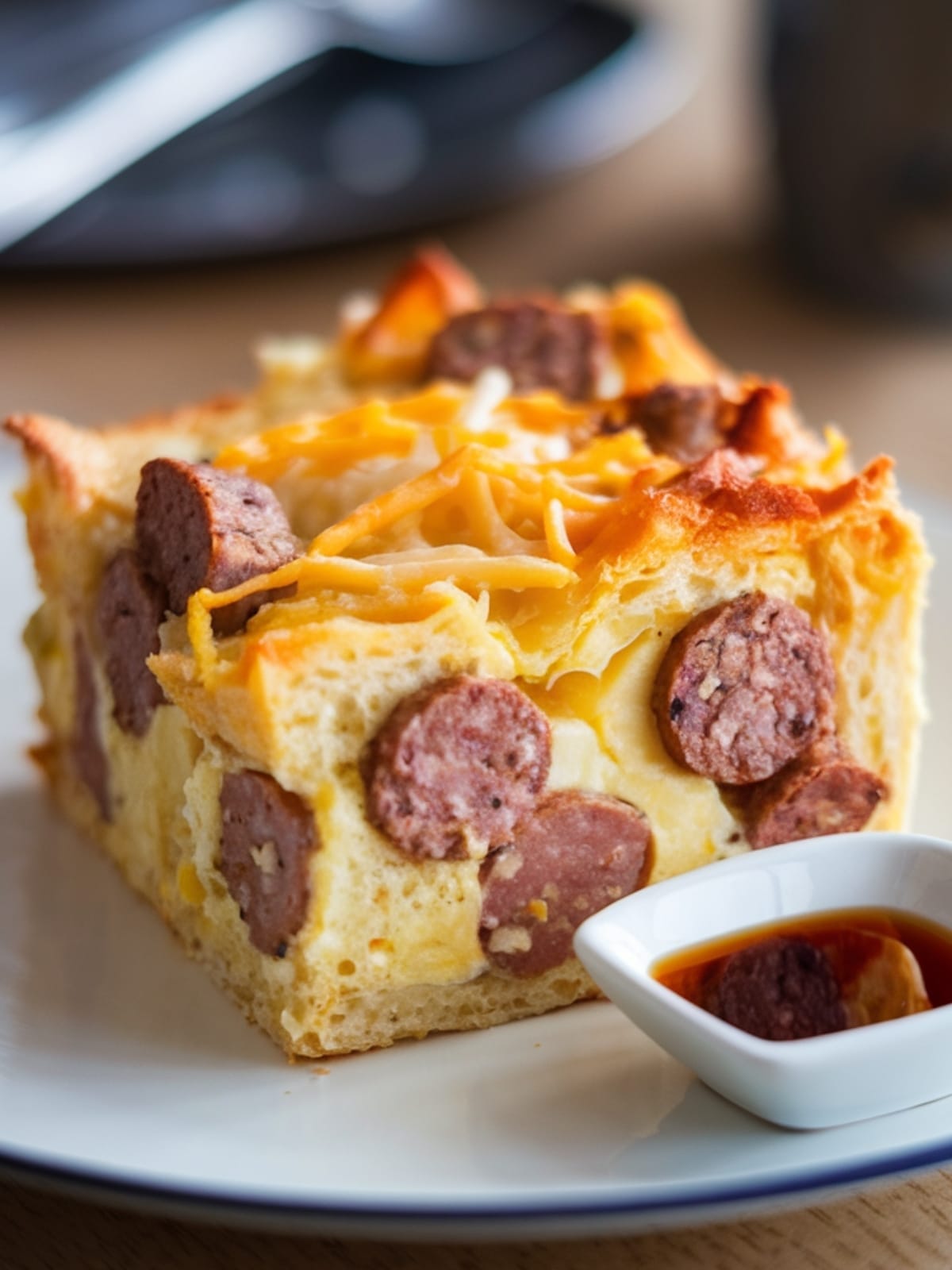 Close-up of fork lifting bite of egg casserole showing stretchy cheese and sausage pieces