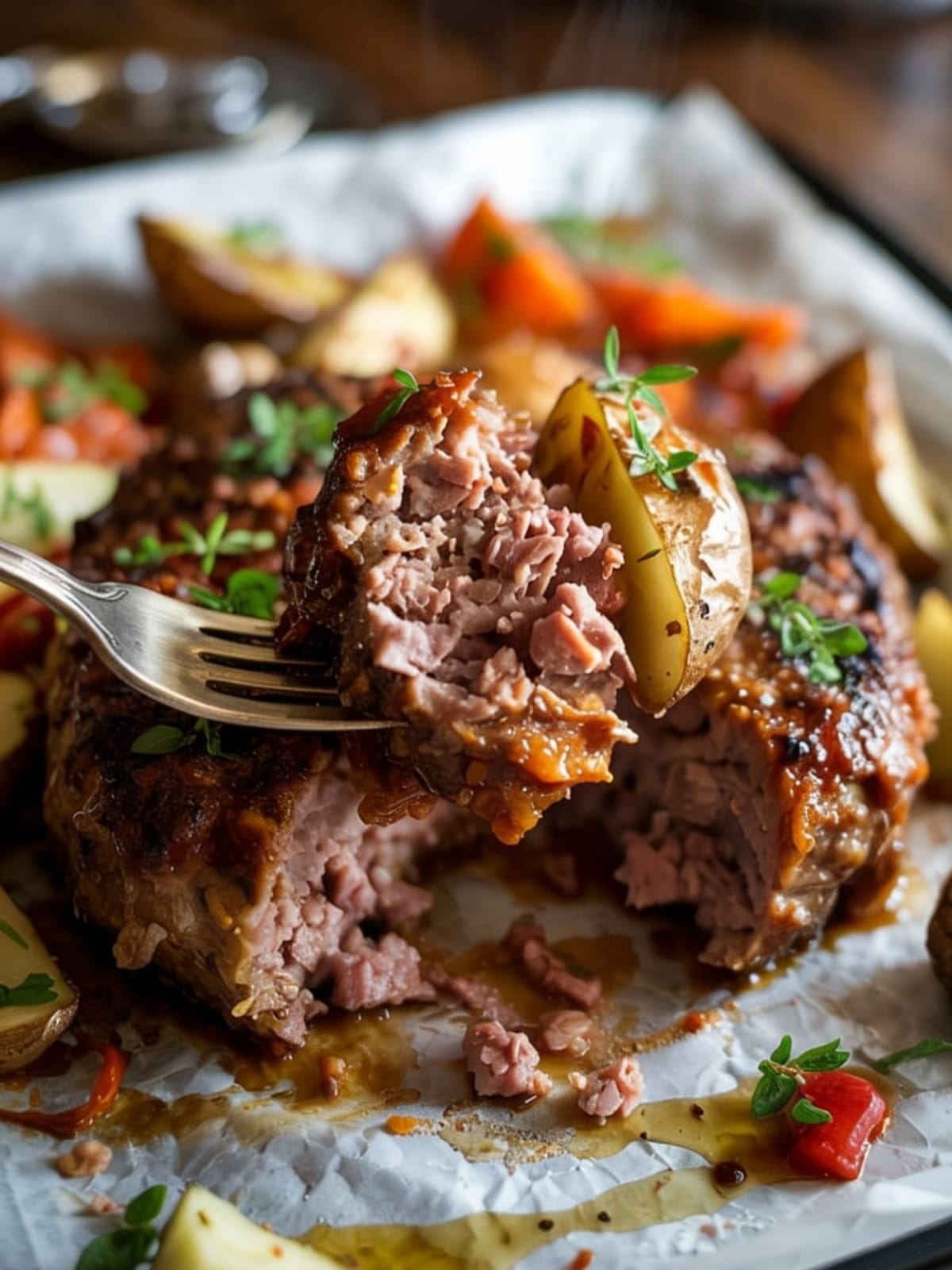 Close-up of fork taking bite of meatloaf and roasted potato with steam rising from freshly-cut portion
