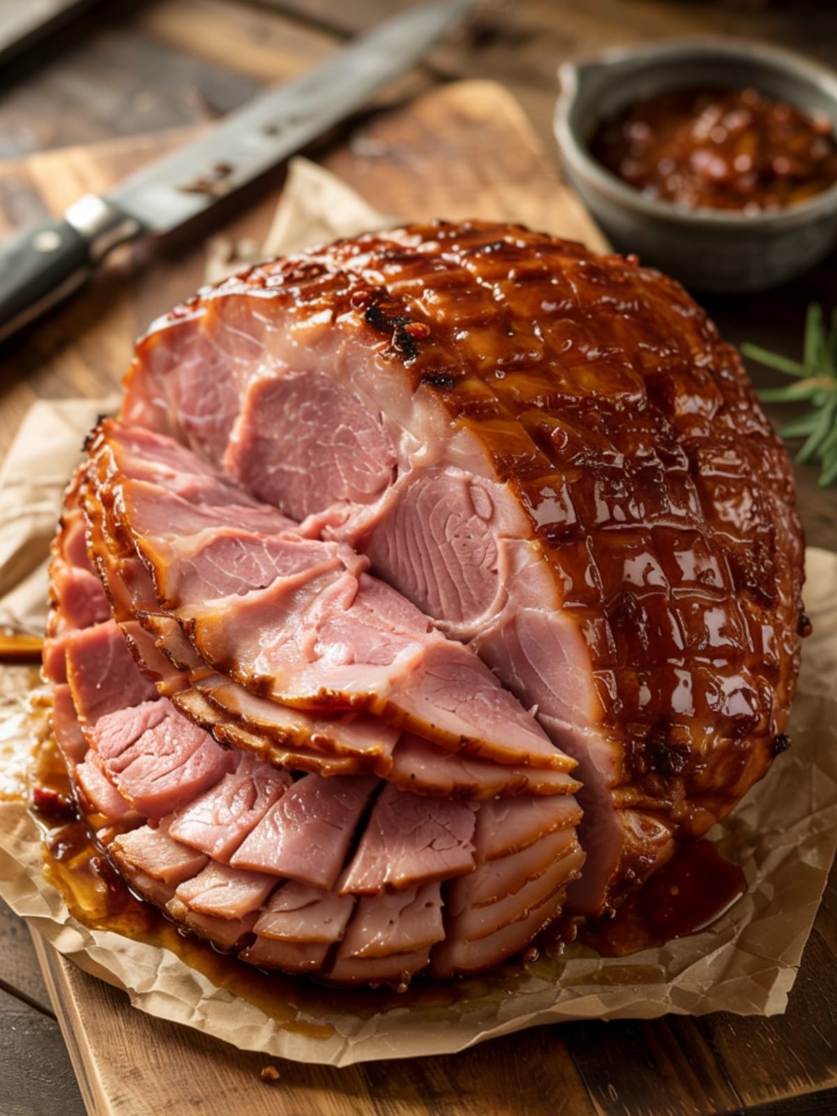 Close-up of glazed spiral-cut ham