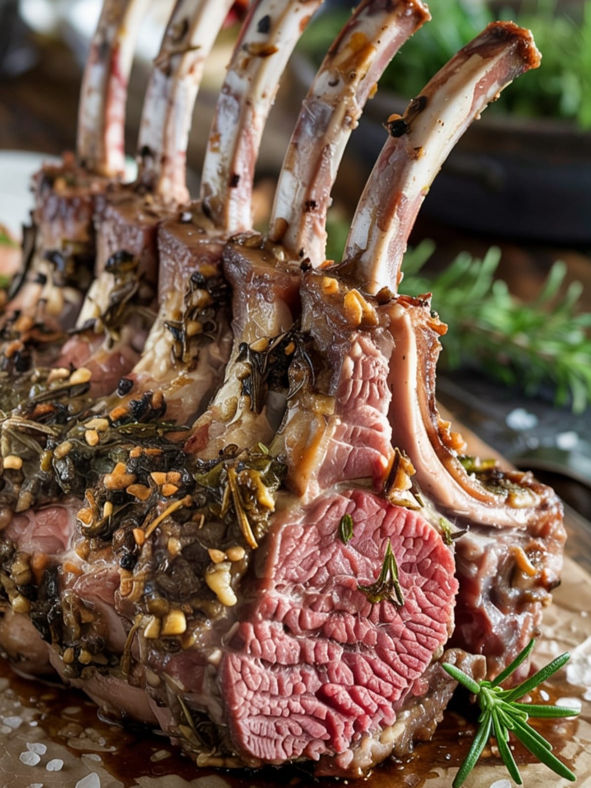 Close-up of sliced herb-crusted lamb chop showing pink interior and textured herb crust