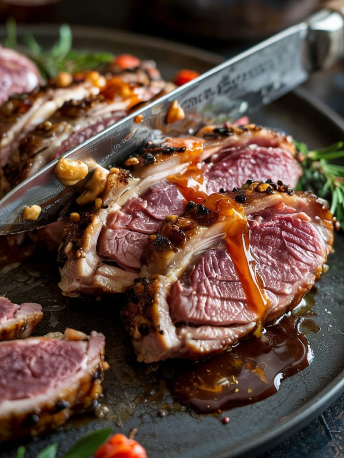 Close-up of slicing duck breast showing medium-rare interior and crispy glazed skin