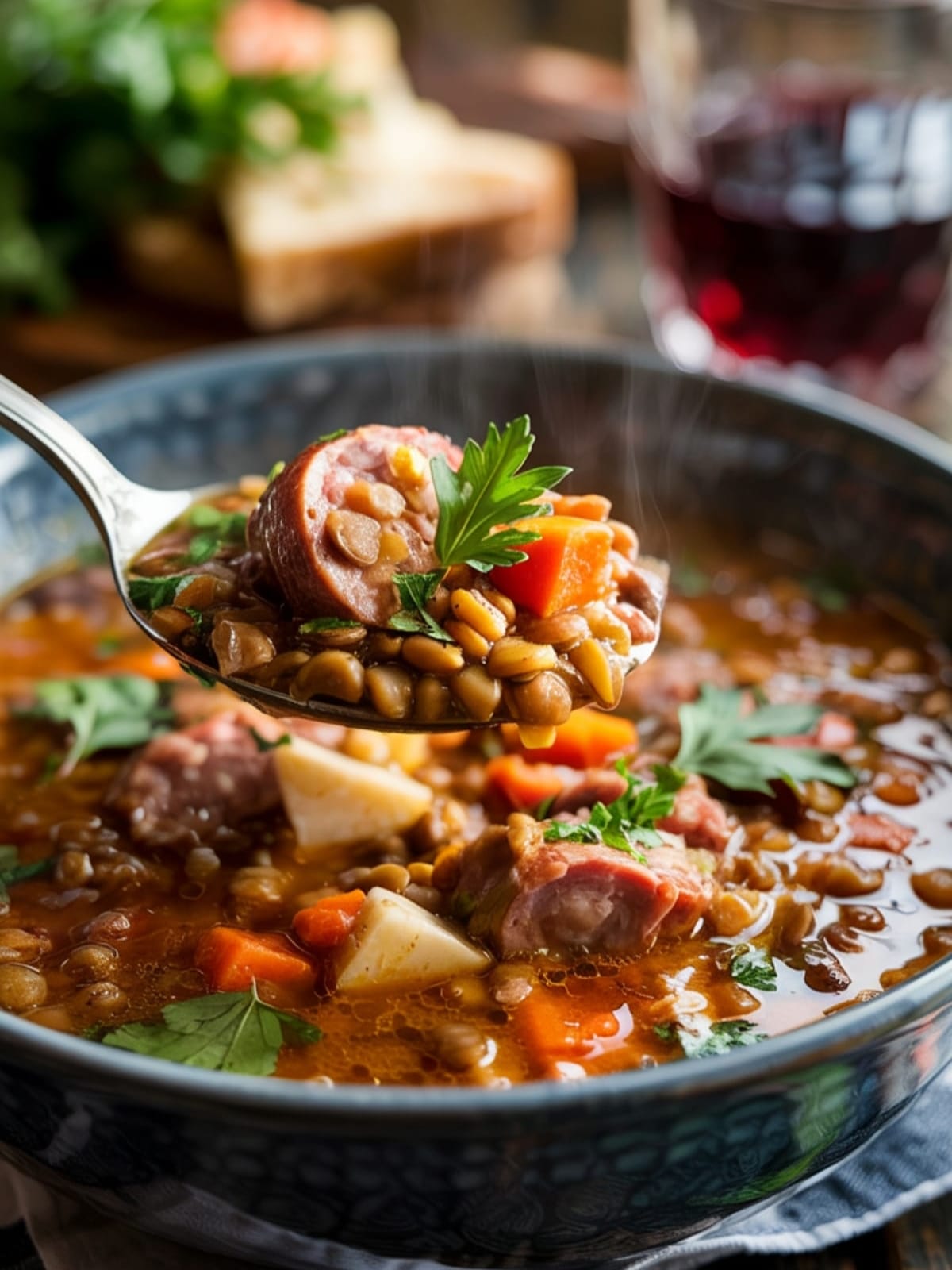 Close-up of spoonful of lentil sausage soup showing rich texture and ingredients