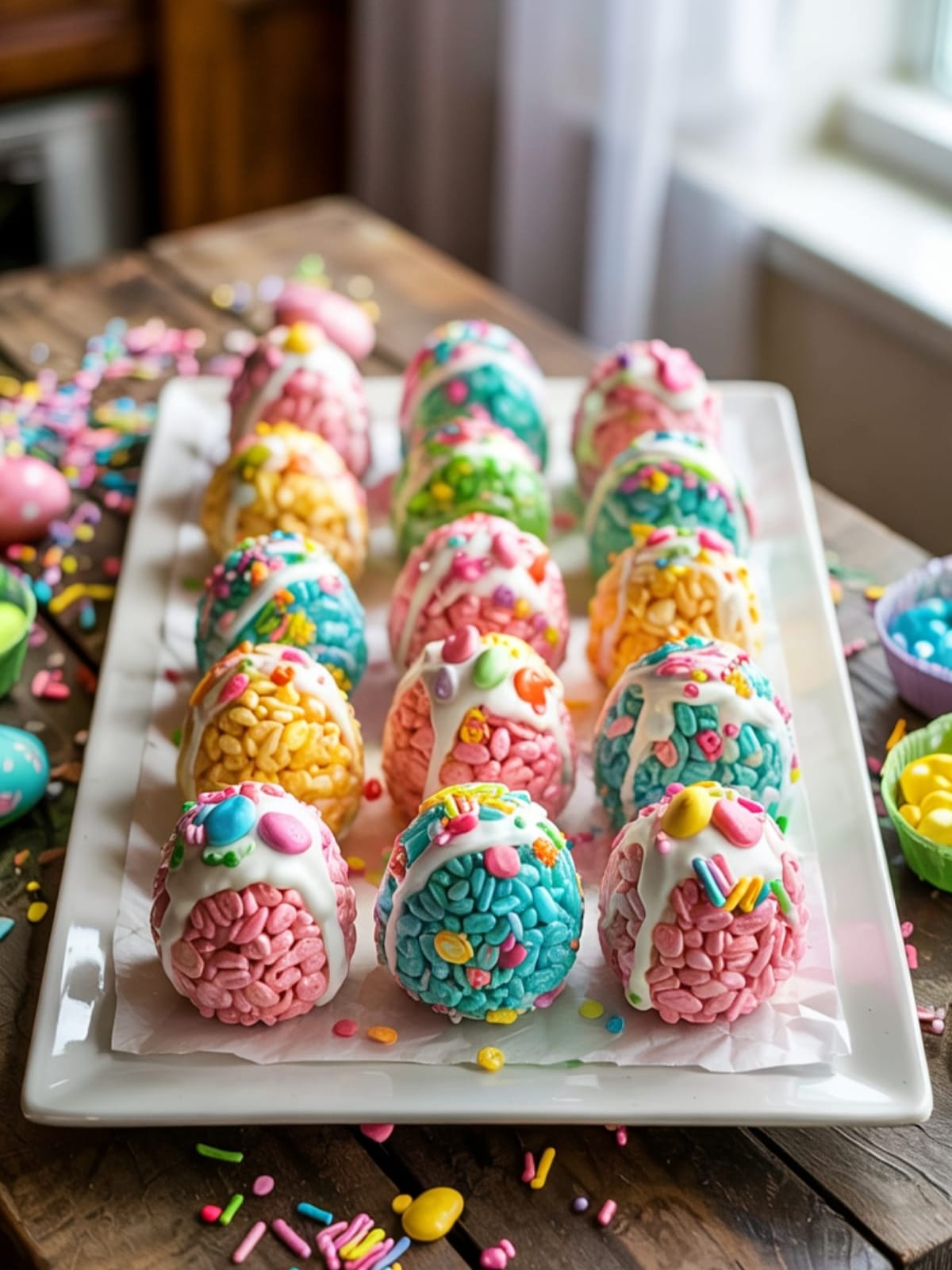 Colorful Easter egg shaped Rice Krispie treats decorated with drizzles, sprinkles and candy on white platter