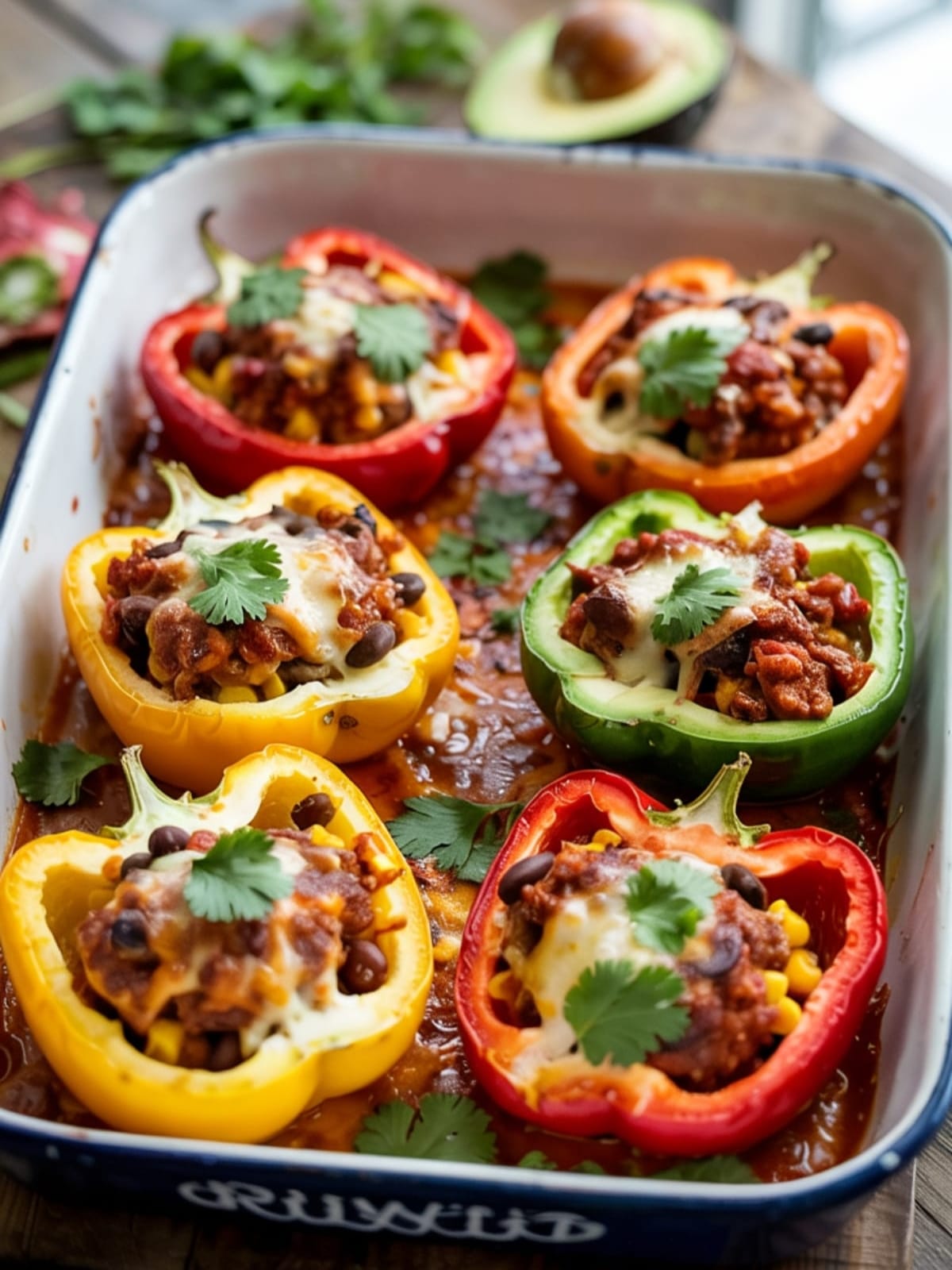 Colorful baked bell peppers stuffed with seasoned turkey, beans, corn and topped with melted cheese