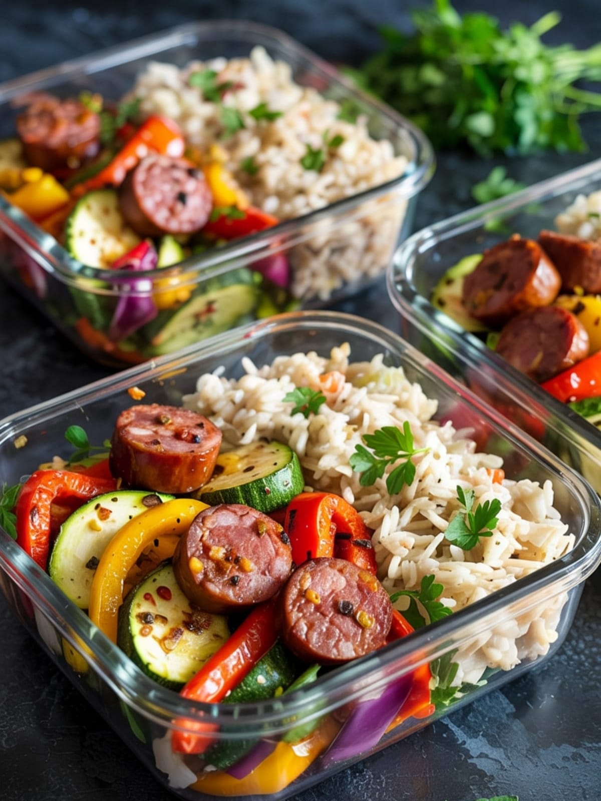 Colorful meal prep container with Cajun sausage, roasted vegetables and rice