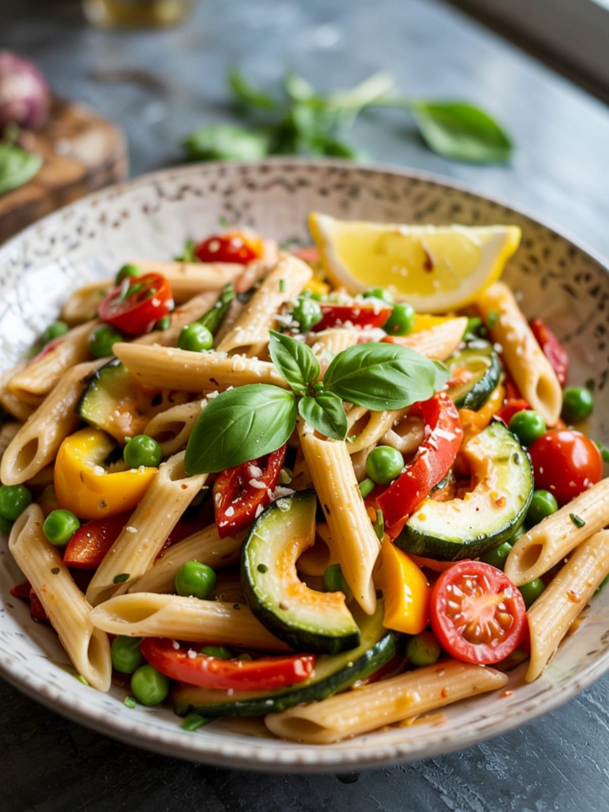 Colorful pasta primavera with al dente twists, fresh vegetables, and herbs in a light sauce