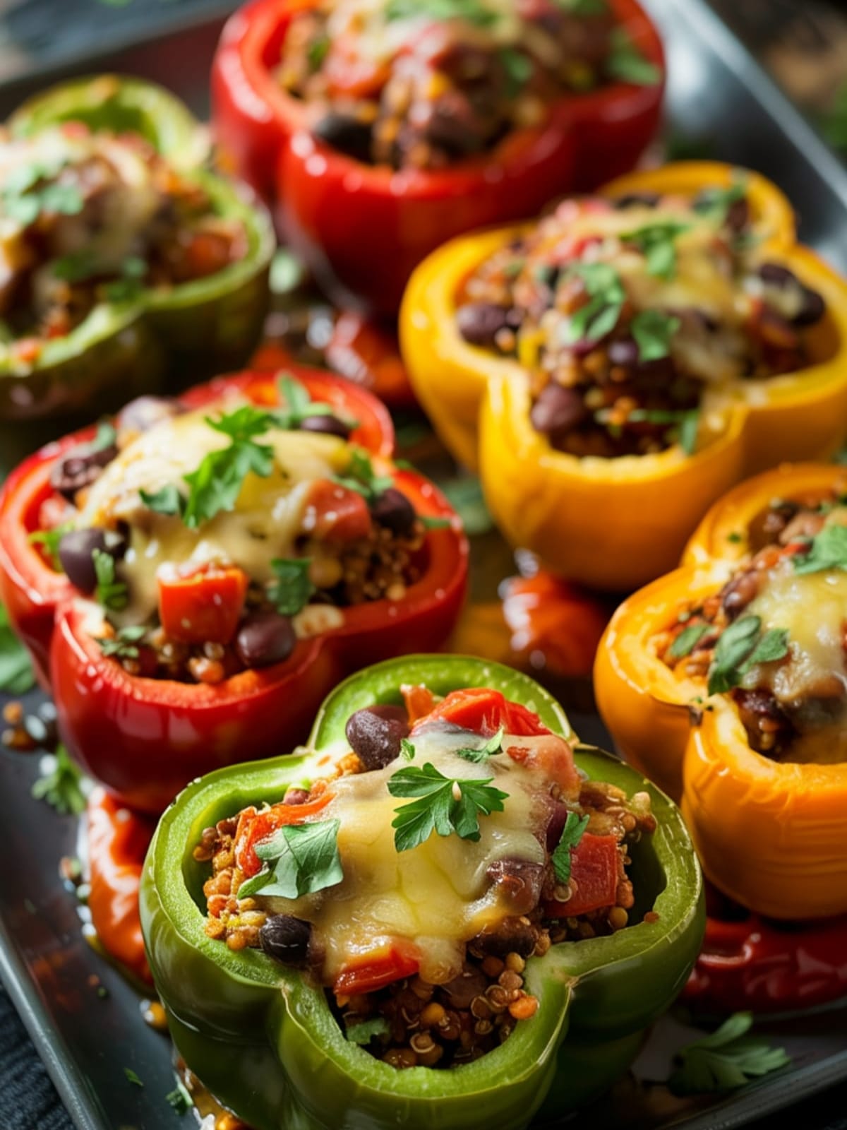 Colorful quinoa-stuffed bell peppers with melted cheese and black beans