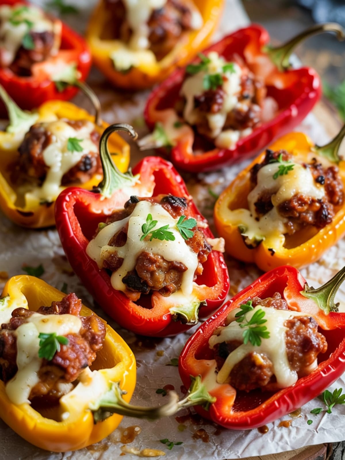 Colorful sausage stuffed mini peppers with melted cheese on wooden board