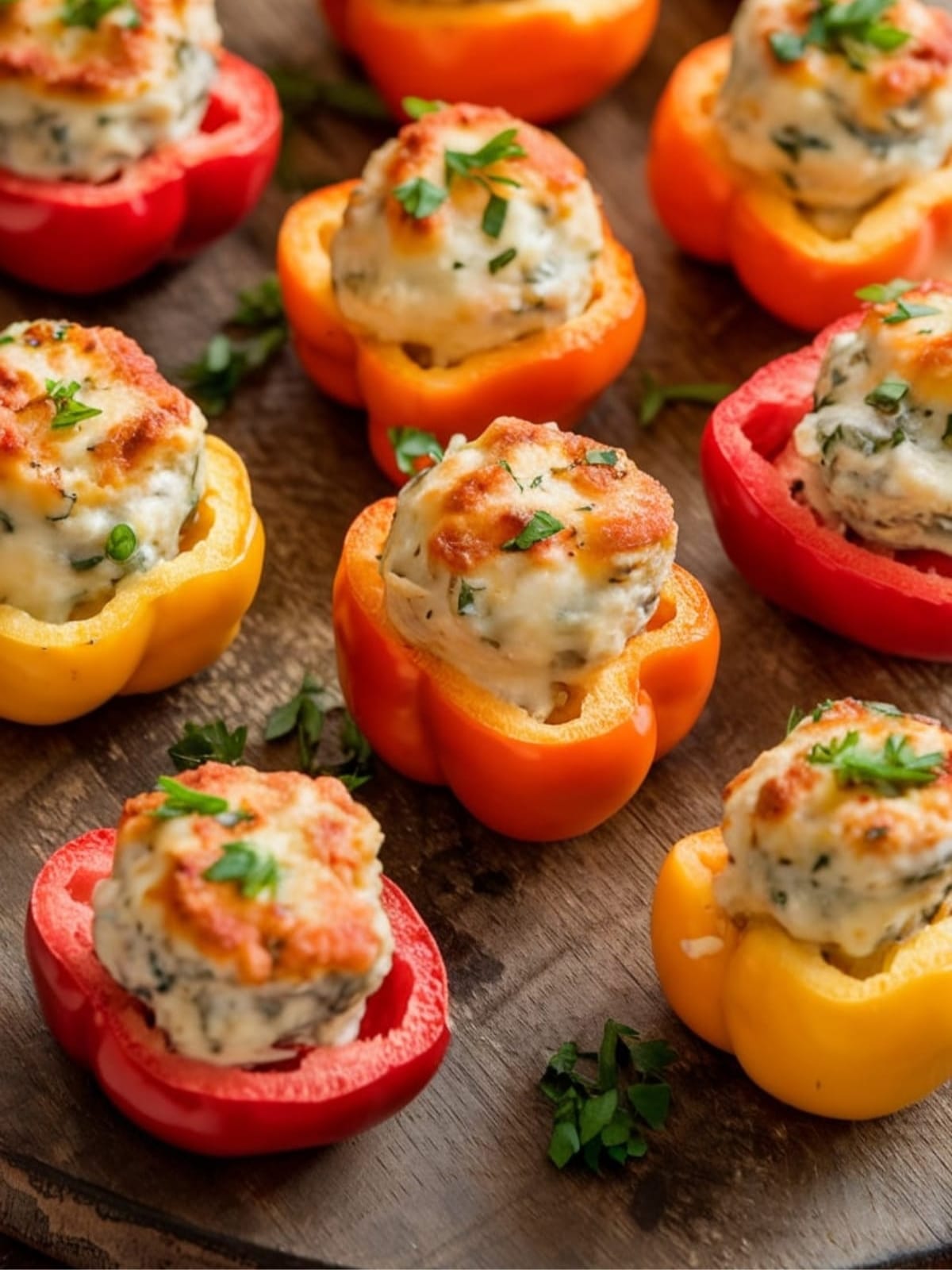Colorful stuffed mini peppers with bubbling sausage and cheese filling on wooden board