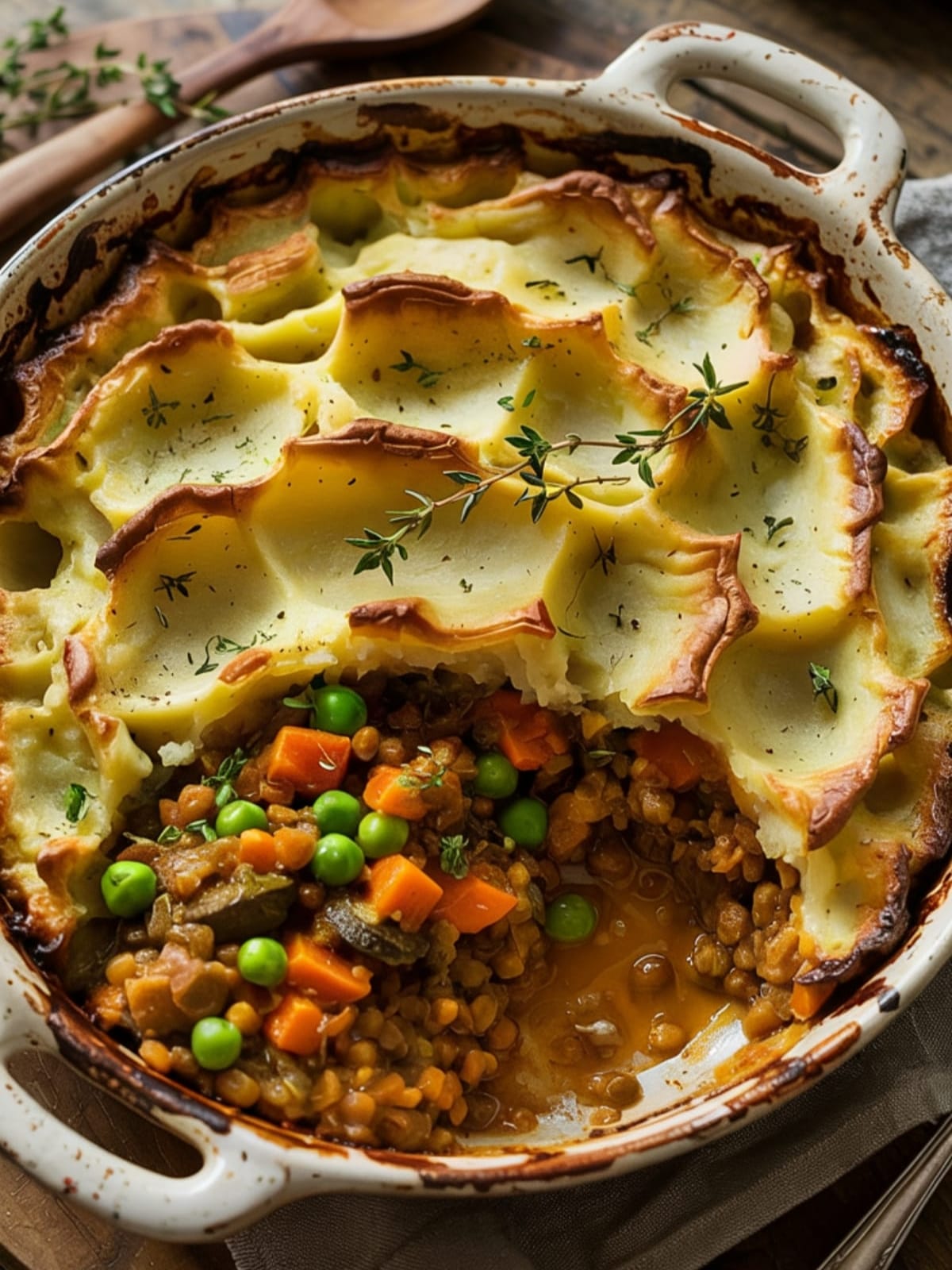 Comforting vegan lentil pie with golden potato topping, revealing hearty filling with colorful vegetables