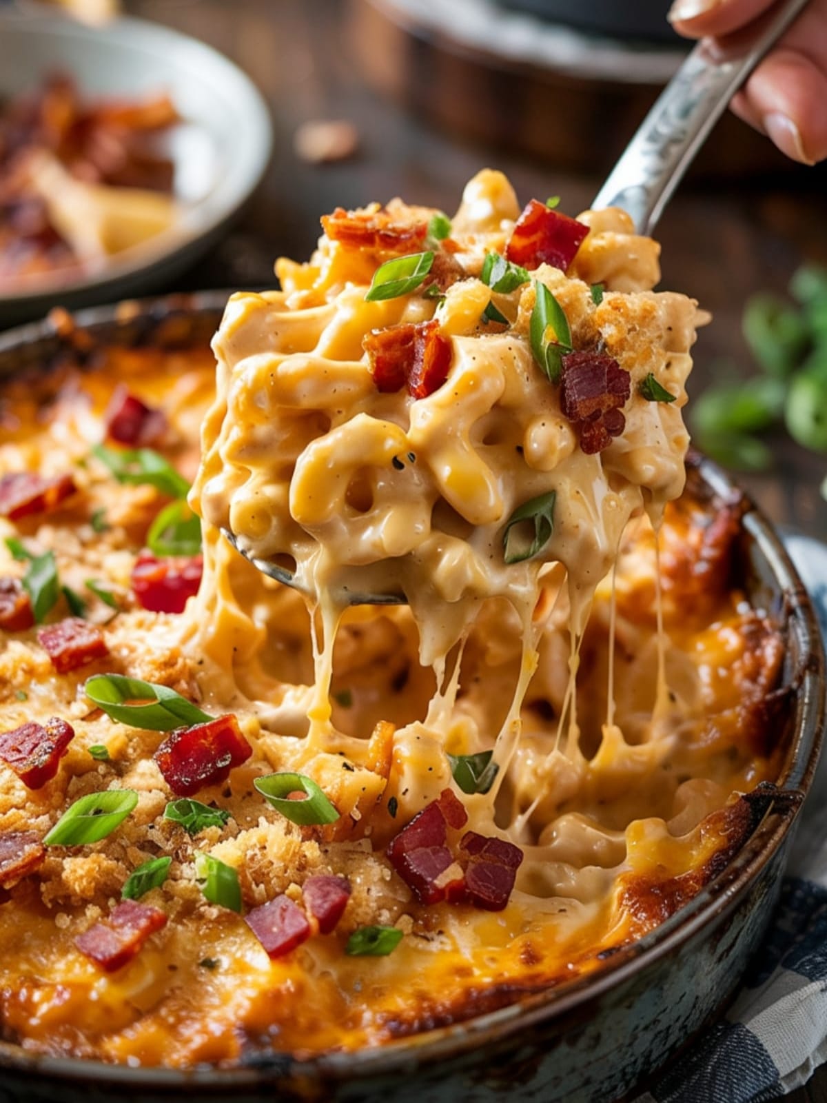Creamy bacon and pimento mac and cheese with cheese pulls and golden breadcrumb topping