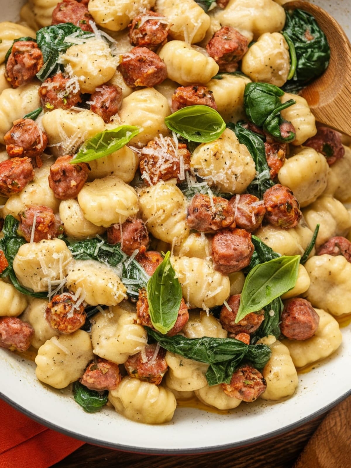 Creamy bowl of gnocchi with Italian sausage crumbles and wilted spinach topped with Parmesan