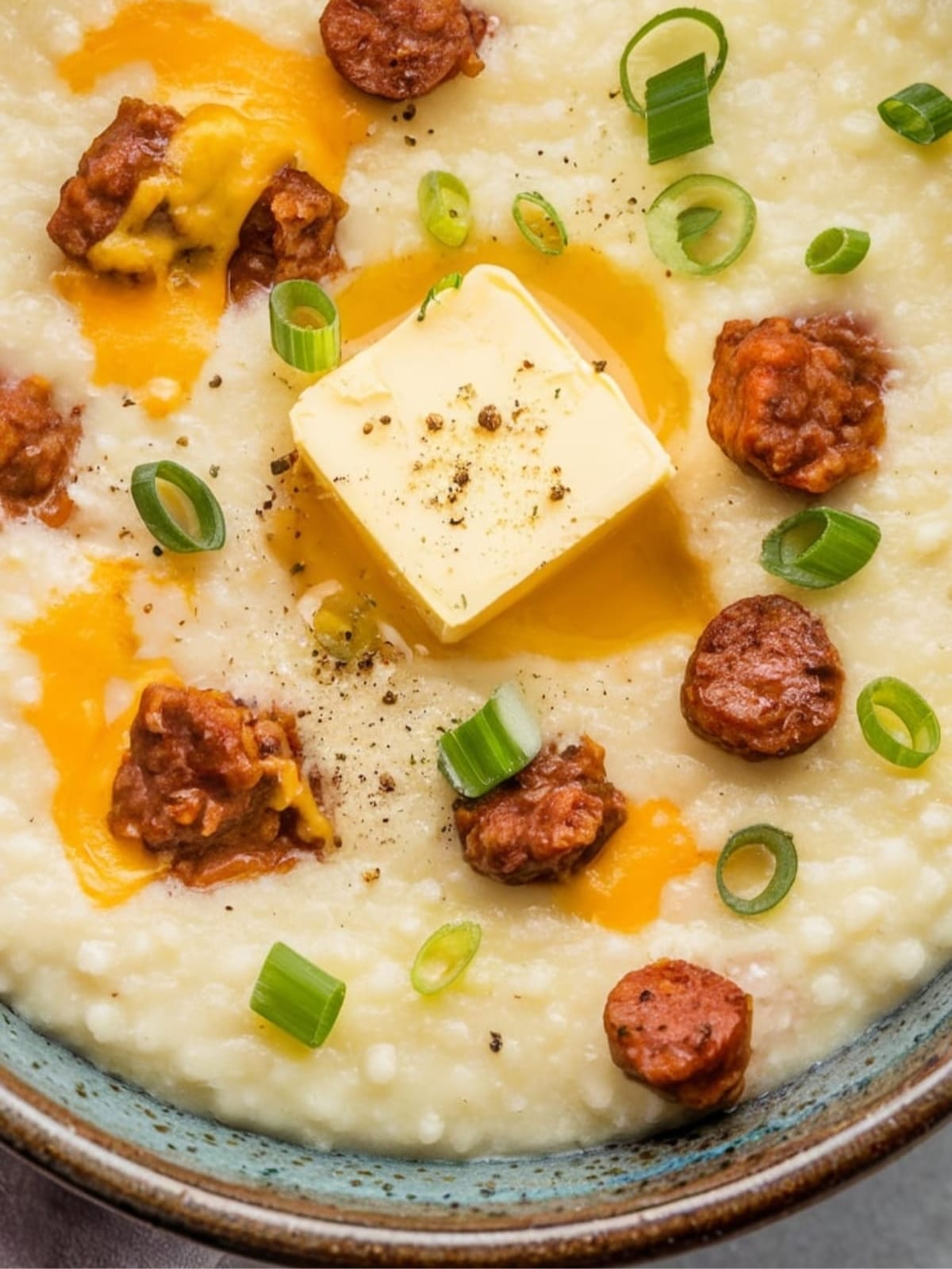 Creamy cheddar grits with browned sausage crumbles and melting butter in ceramic bowl