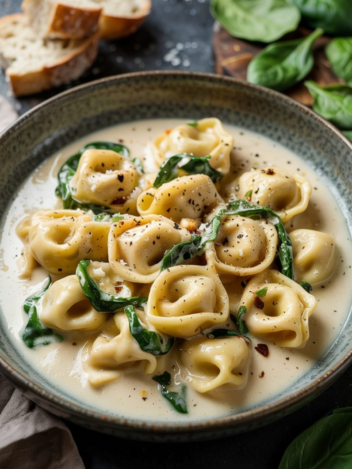Creamy cheese tortellini with wilted spinach in garlic sauce topped with Parmesan and herbs
