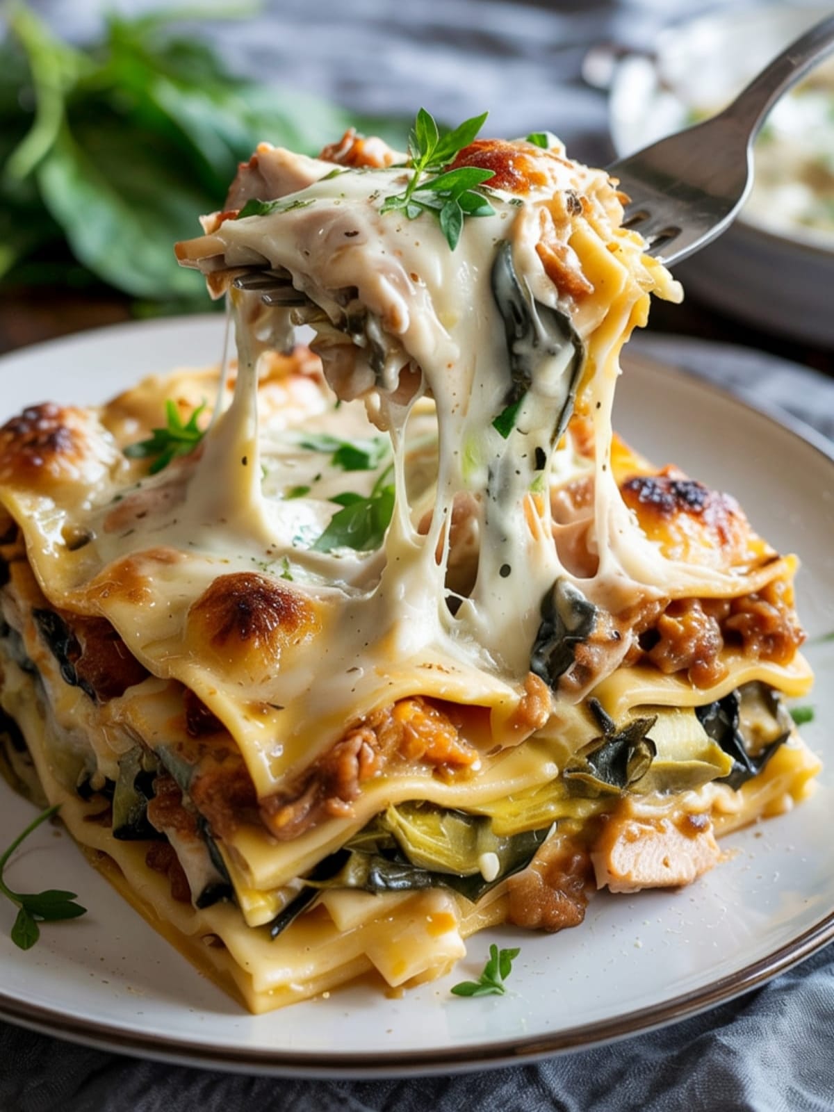 Creamy chicken spinach artichoke lasagna with golden cheese top and visible layers of pasta and vegetables