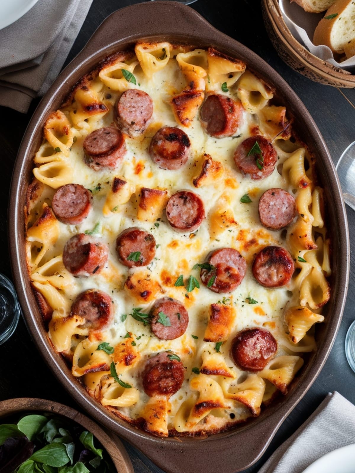 Creamy fettuccine Alfredo with browned smoked sausage slices and fresh parsley