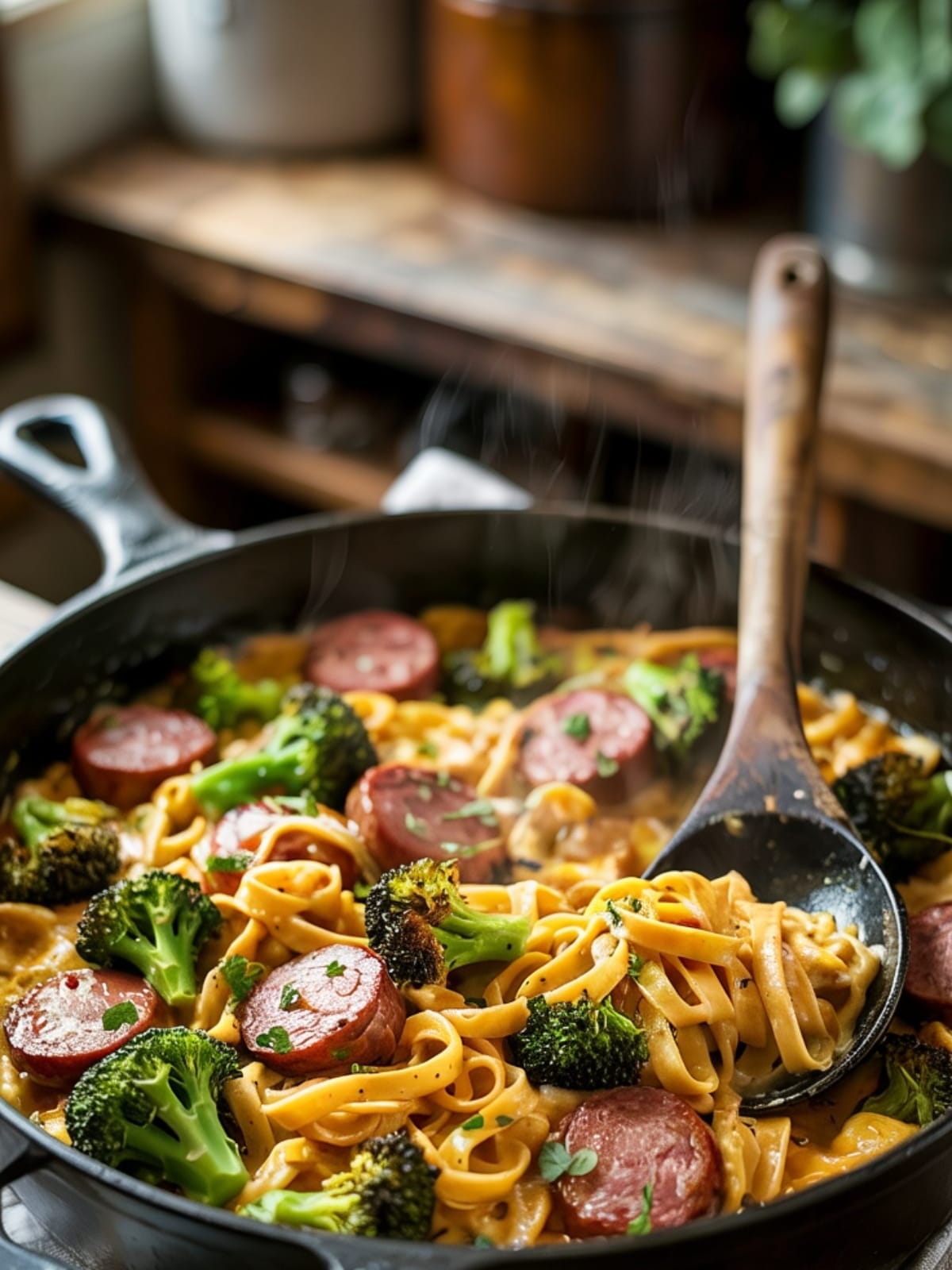 Creamy one-pot cheesy smoked sausage pasta with bright green broccoli in skillet
