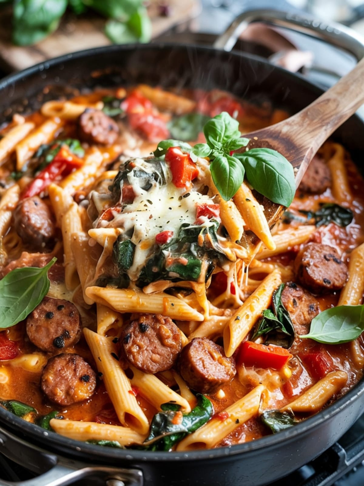 Creamy one-pot sausage pasta with penne, bell peppers and spinach in tomato sauce with melted cheese