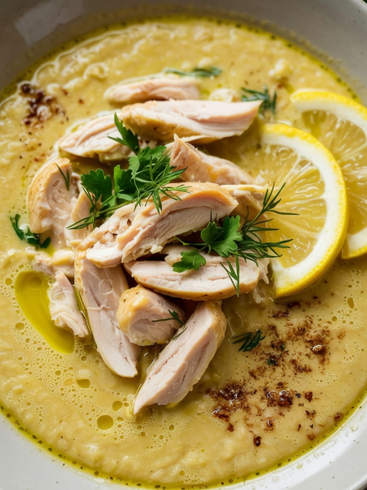 Creamy pale-yellow Avgolémono soup with chicken, rice and fresh dill in white ceramic bowl
