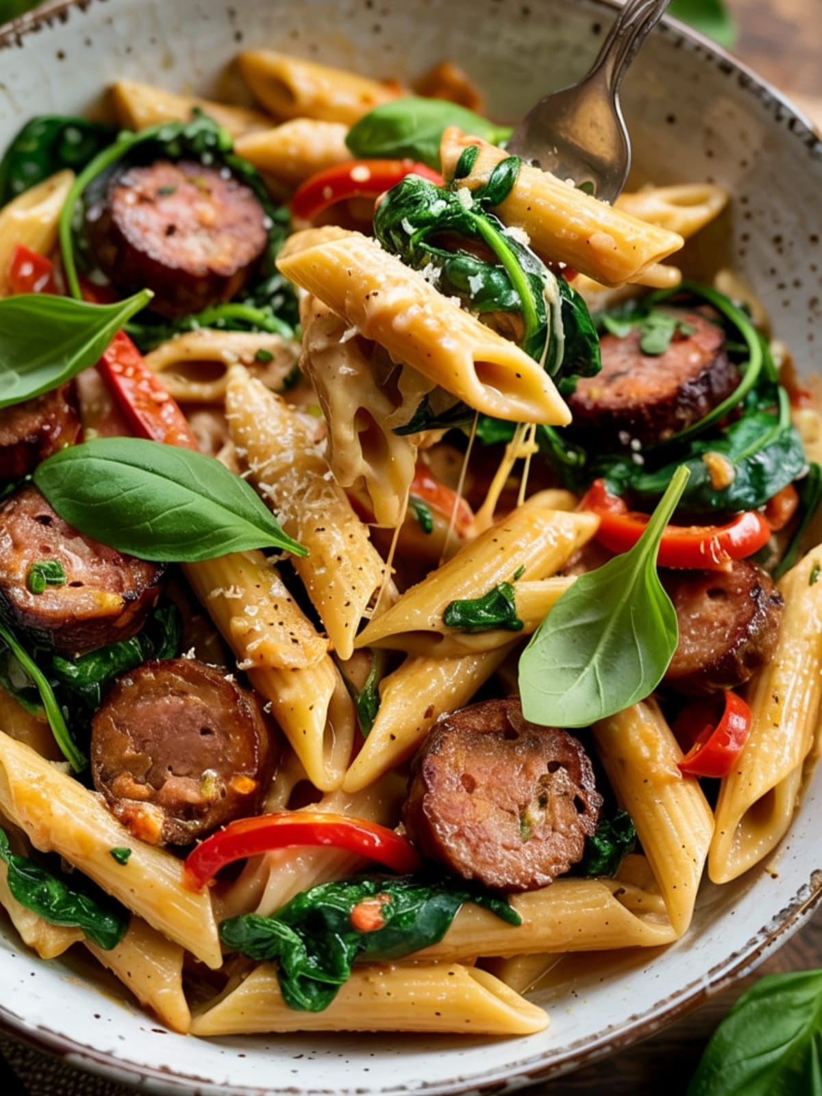 Creamy sausage pasta in white bowl with spinach, red peppers and melted Parmesan