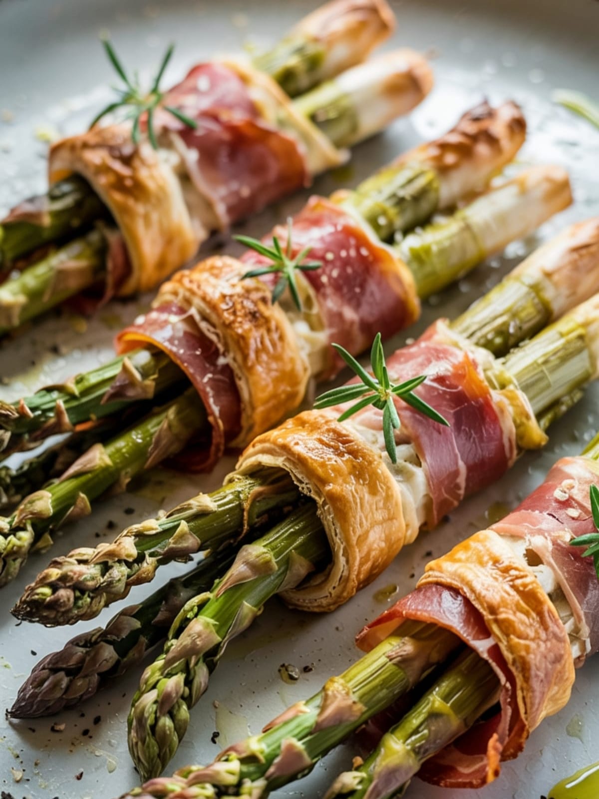 Crispy golden puff pastry bundle with asparagus and prosciutto