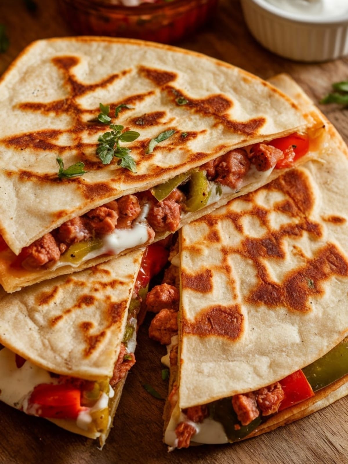 Crispy sausage and pepper quesadilla with melted cheese and colorful filling on wooden board