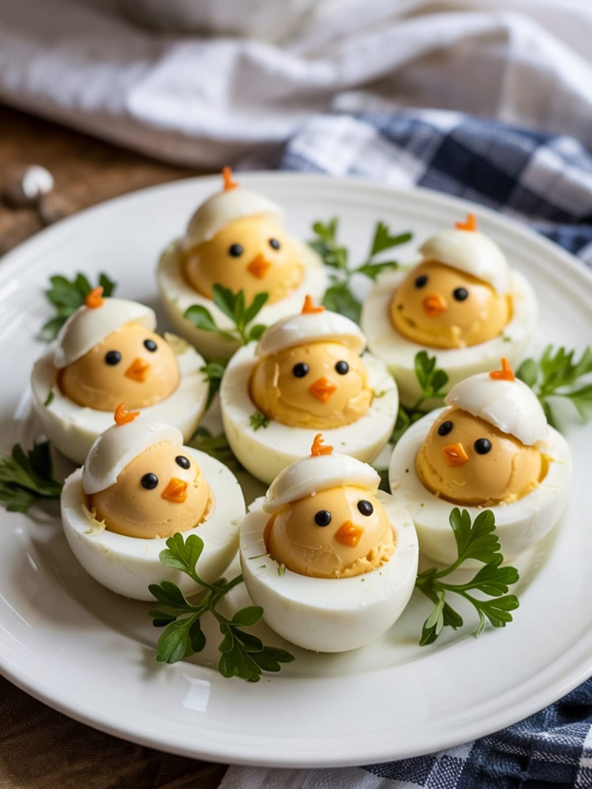 Dozen chick deviled eggs with carrot beaks and olive eyes arranged on parsley nest with decorative peppercorn eggs