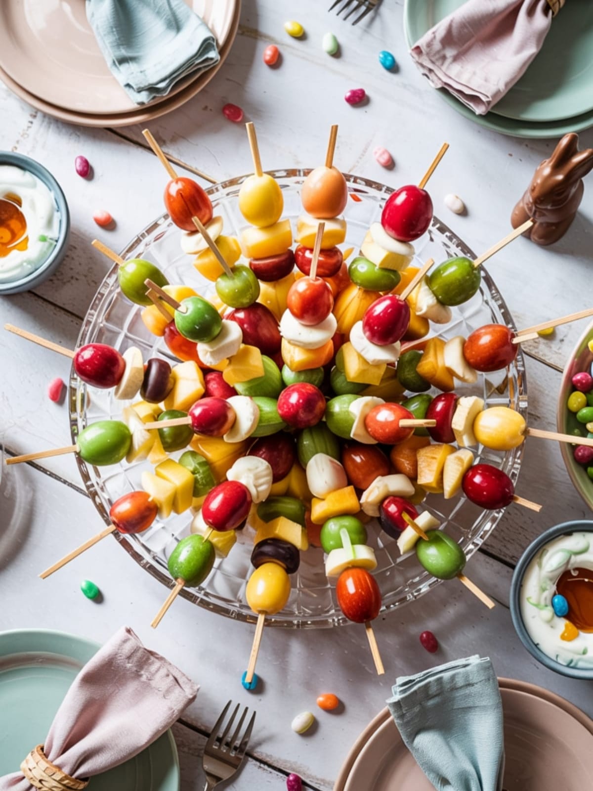 Easter brunch table featuring platter of fruit skewers arranged like colorful eggs with festive decorations
