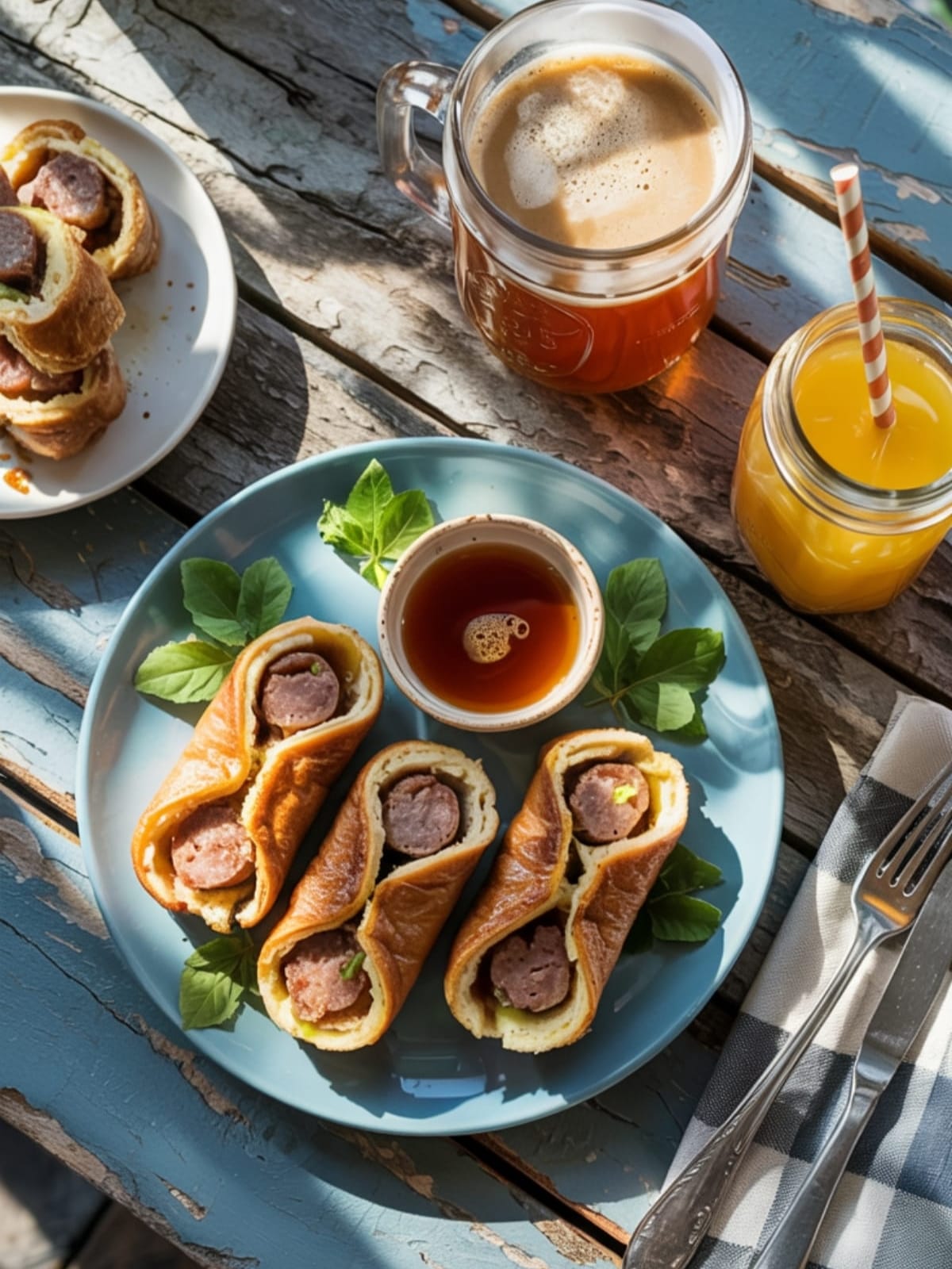Farmhouse breakfast spread with sausage French toast roll-ups, coffee and orange juice