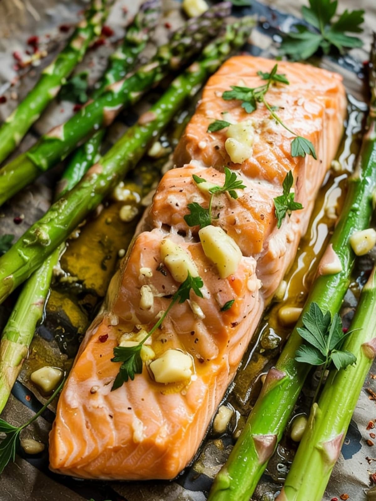 Flaky salmon fillet with bright green asparagus on sheet pan, both glistening with garlic butter sauce