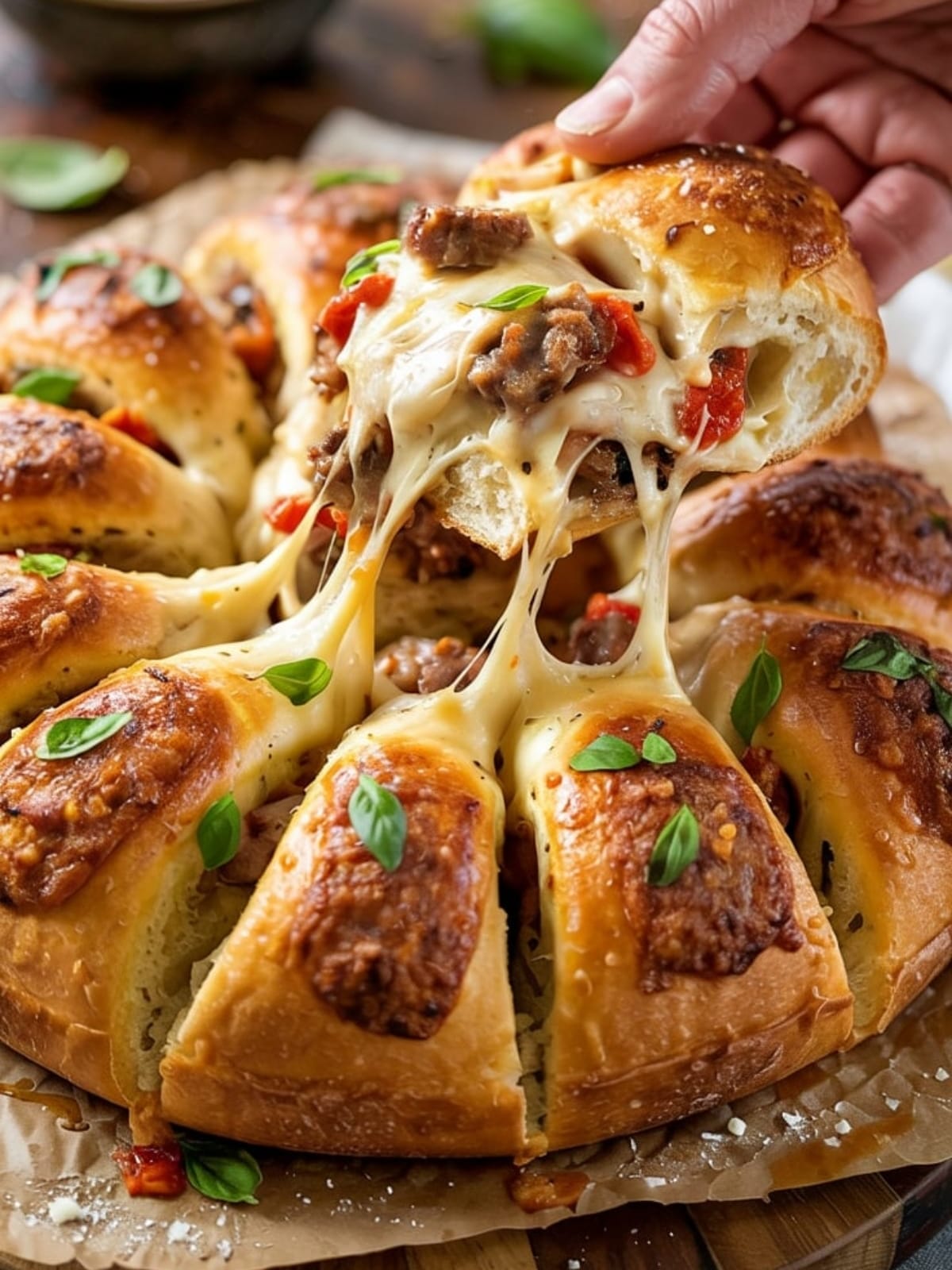 Freshly baked cheesy sausage pull-apart bread with stretchy cheese pulls and herb garnish