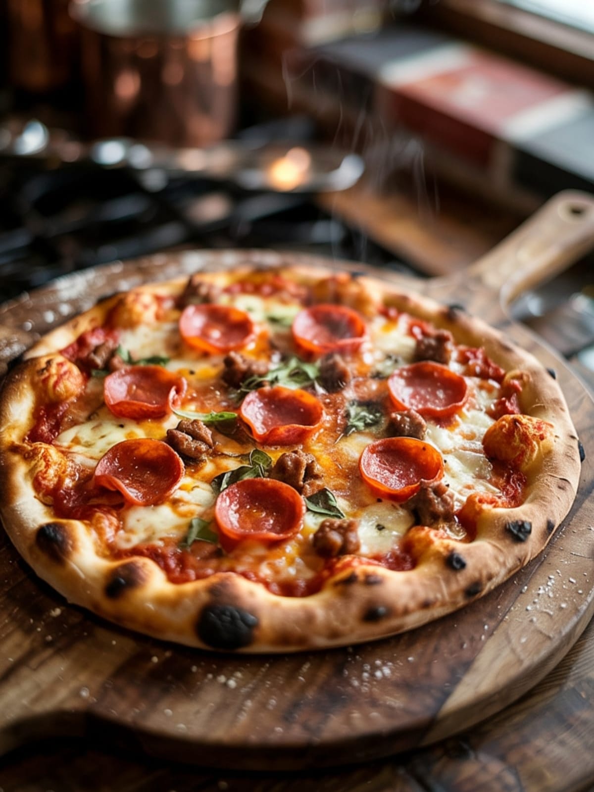 Freshly baked sausage and pepperoni pizza with bubbling cheese and crispy golden crust