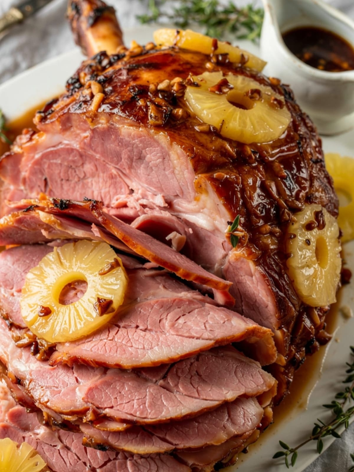 Glistening spiral-cut ham with caramelized brown sugar pineapple glaze on white serving platter