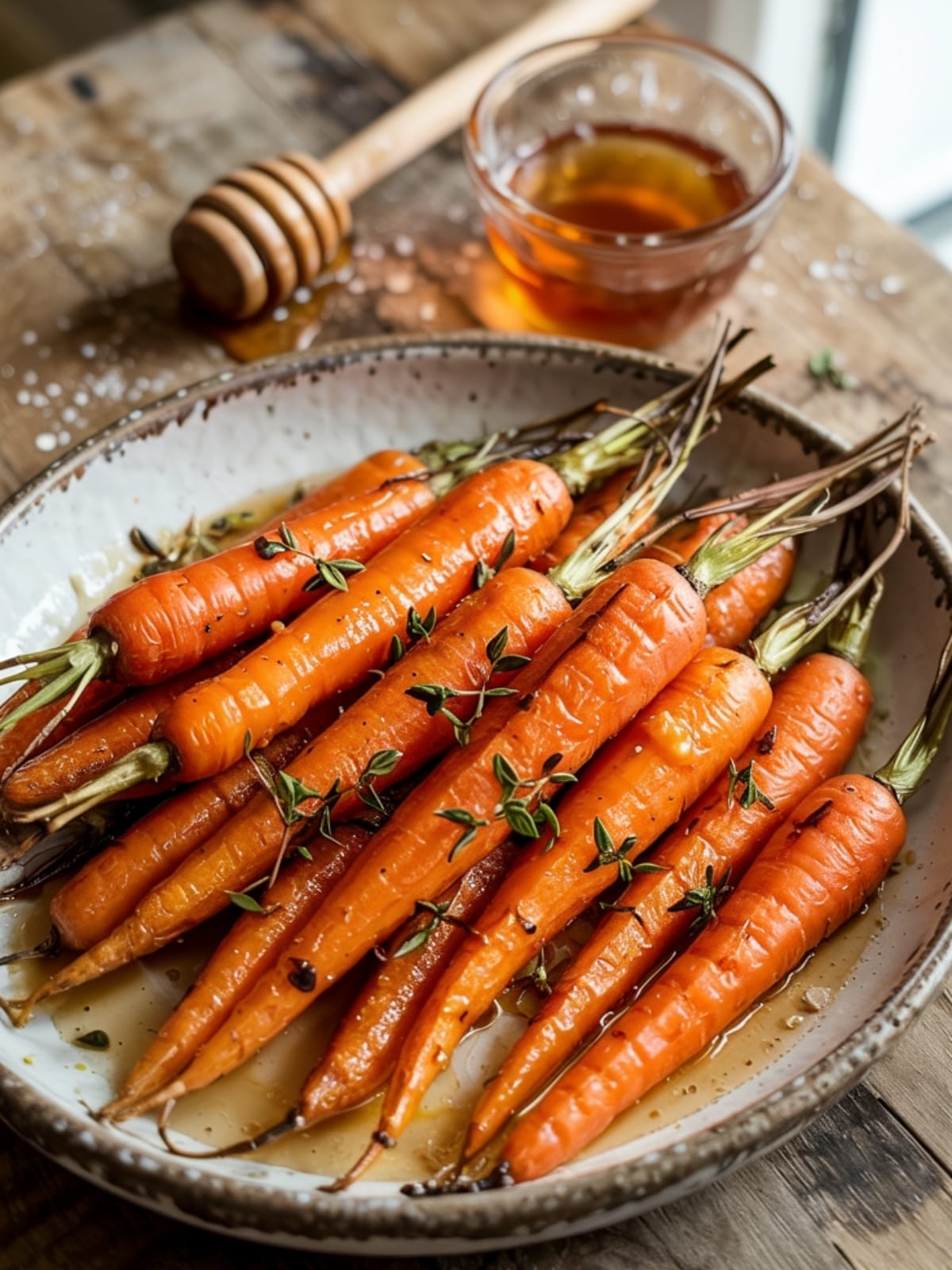 Glossy roasted carrots with hot honey Dijon glaze and fresh thyme on rustic platter