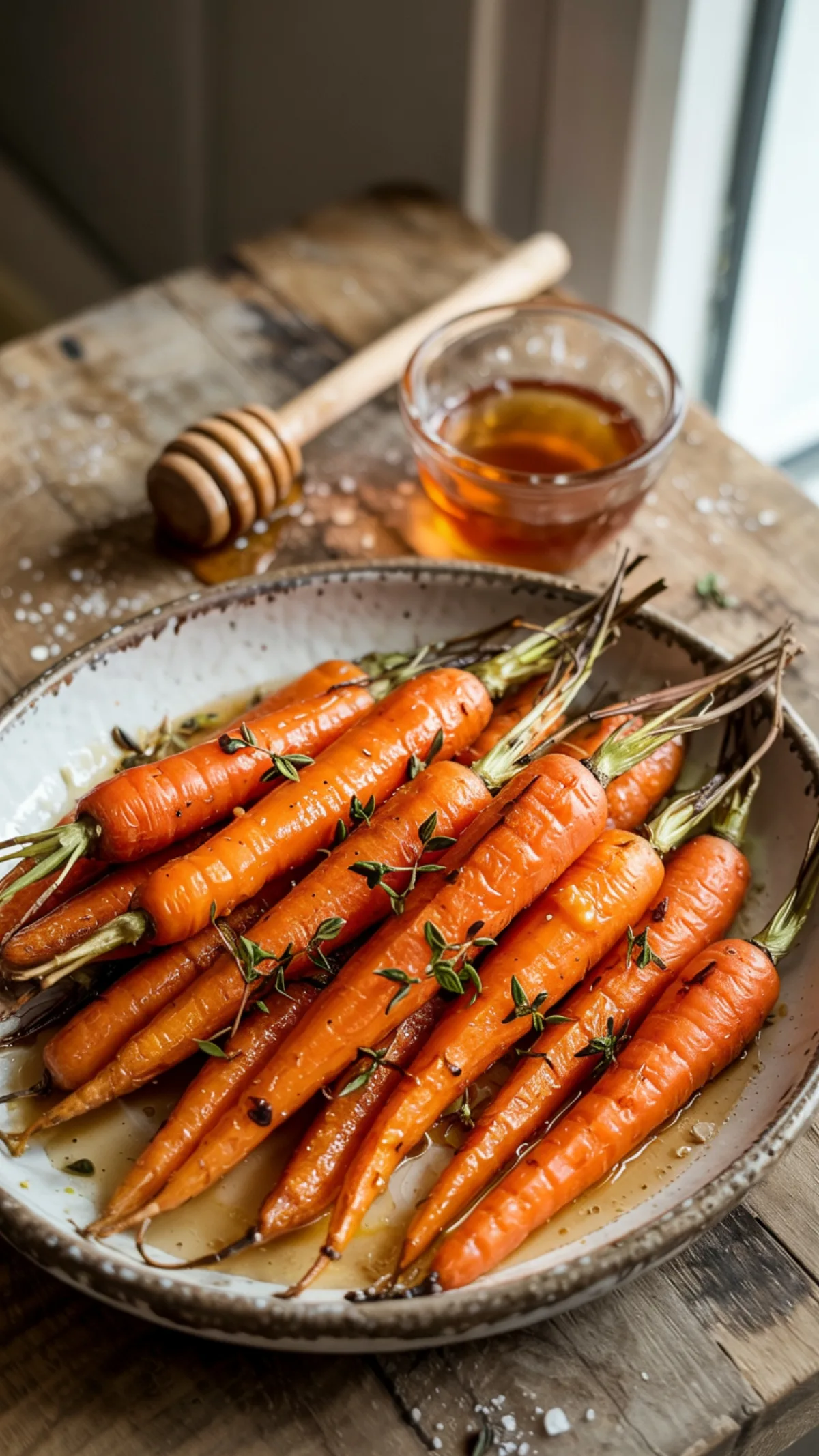 Glossy roasted carrots with hot honey Dijon glaze and fresh thyme on rustic platter