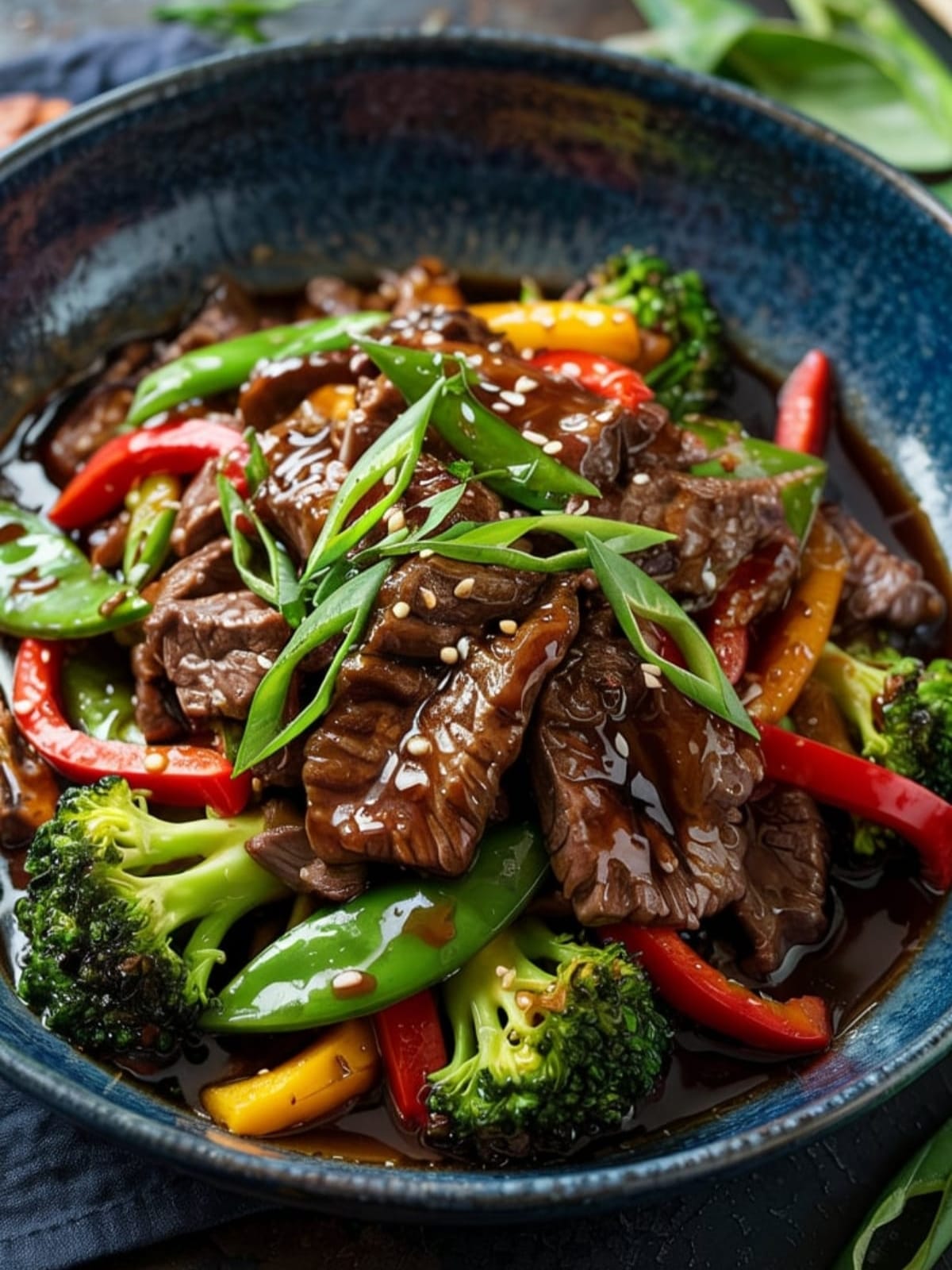 Glossy teriyaki beef stir-fry with colorful vegetables in blue bowl garnished with green onions and sesame seeds