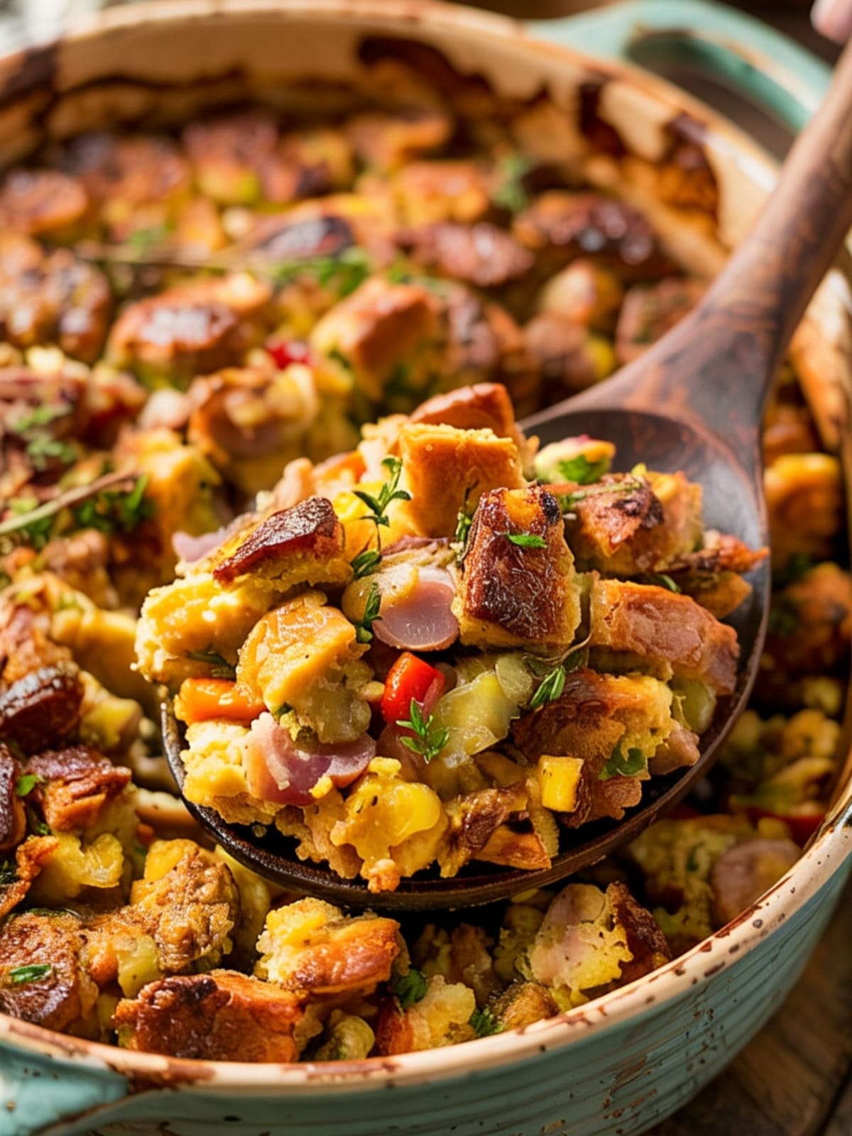 Golden baked sausage cornbread stuffing in ceramic dish showing crispy top and moist interior
