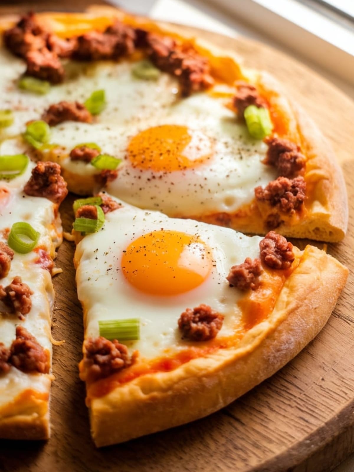 Golden breakfast pizza with runny eggs, sausage crumbles and melted cheese on crispy crust