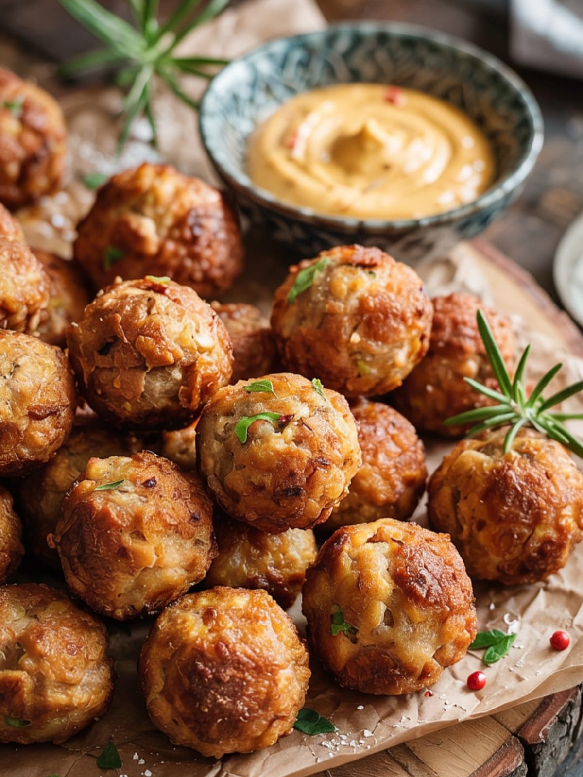 Golden-brown gluten-free sausage balls on wooden board with honey mustard dipping sauce