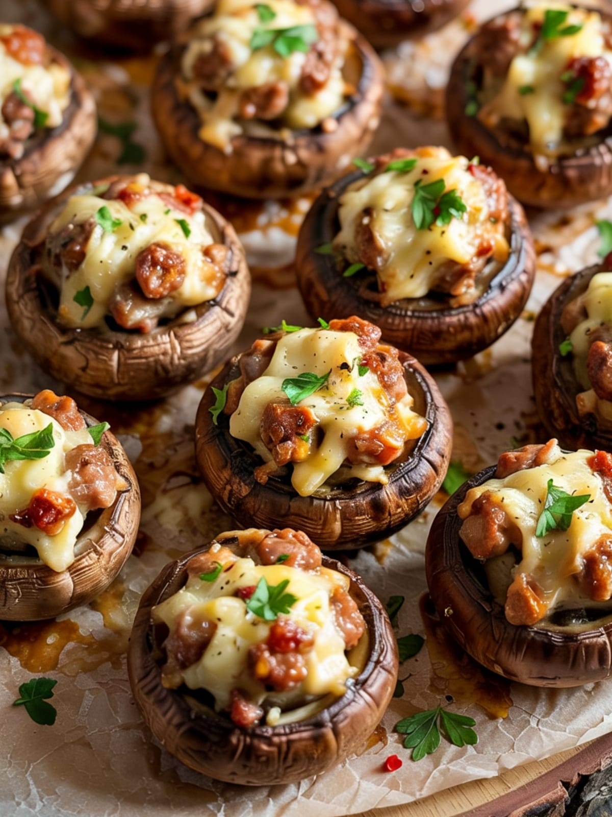 Golden-brown sausage-stuffed mushrooms arranged on wooden board with crispy tops and creamy filling