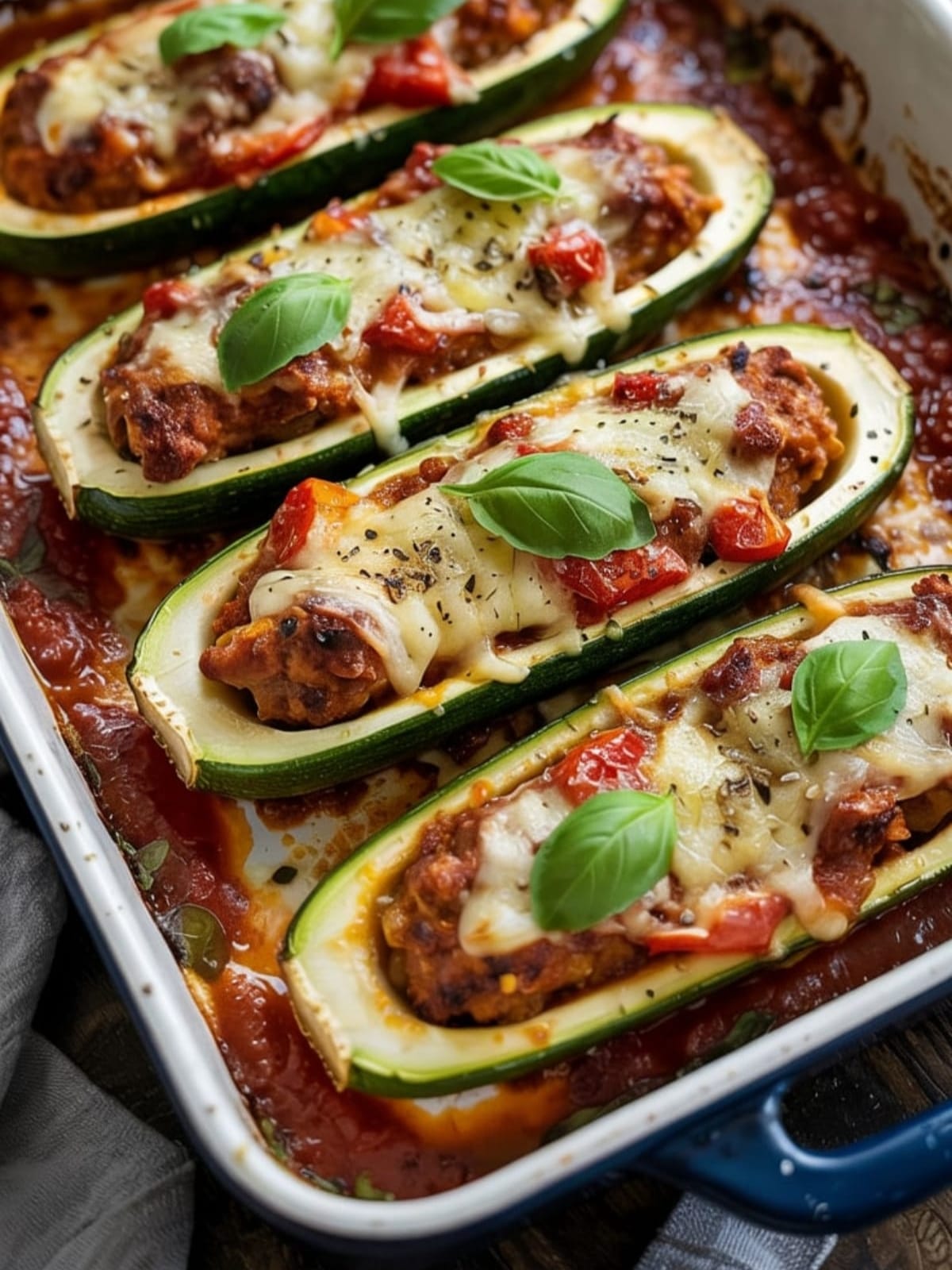 Golden-brown sausage zucchini boats topped with melted cheese and fresh basil