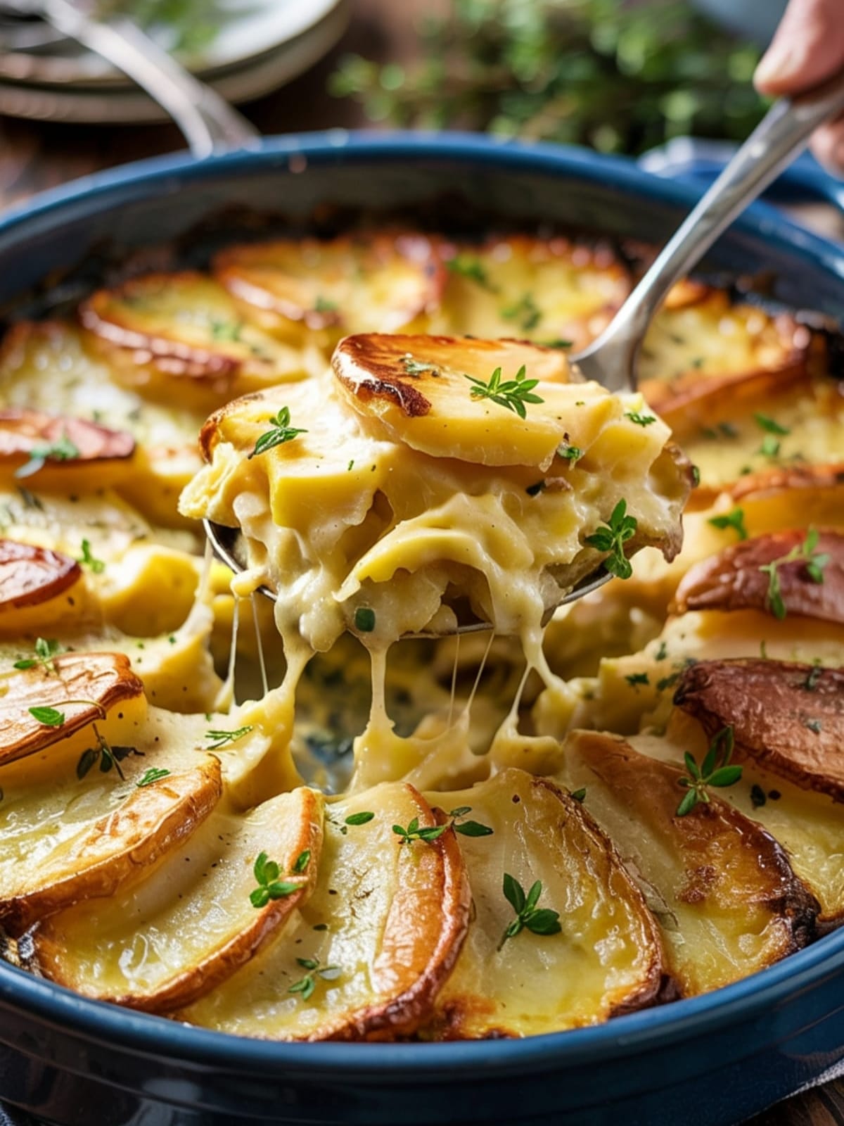 Golden bubbling scalloped potatoes au gratin with creamy cheese sauce being served from dish