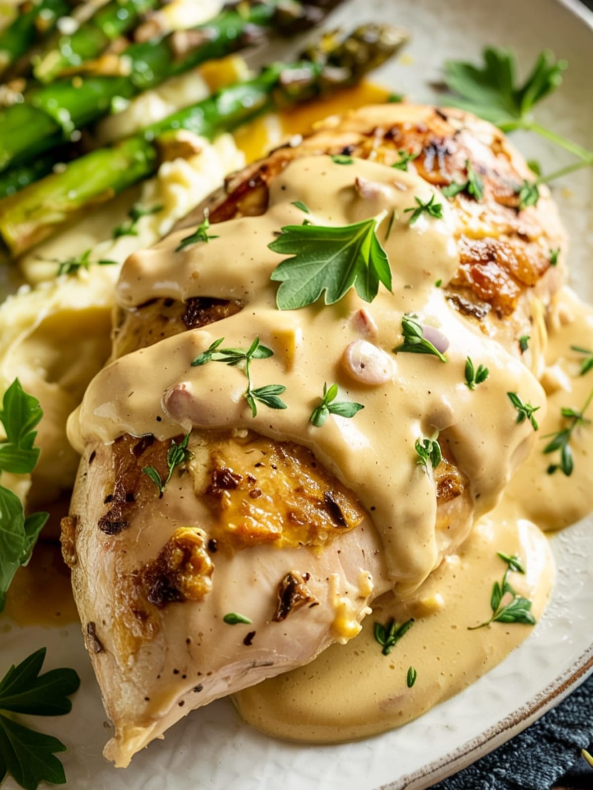 Golden chicken breast smothered in creamy Dijon sauce with fresh herbs, served with asparagus and potatoes