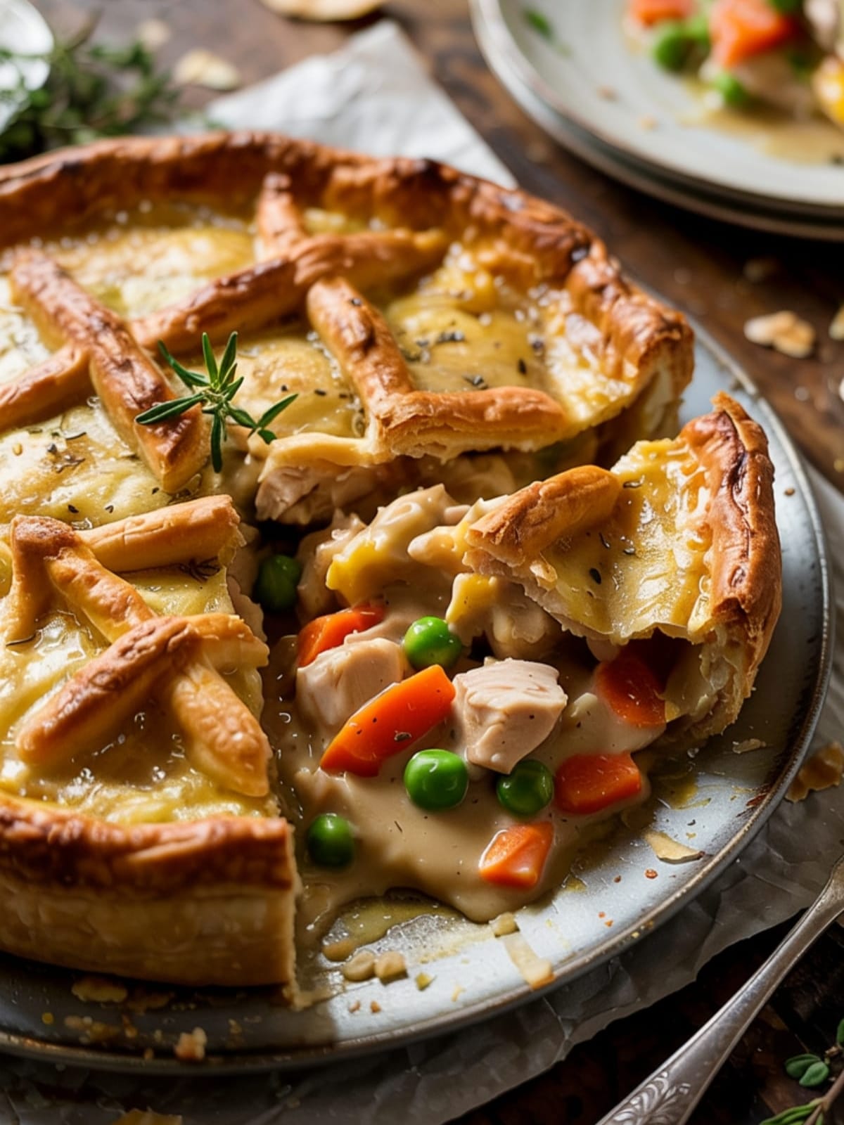 Golden flaky chicken pot pie with creamy filling of tender chicken and colorful vegetables oozing from freshly cut slice